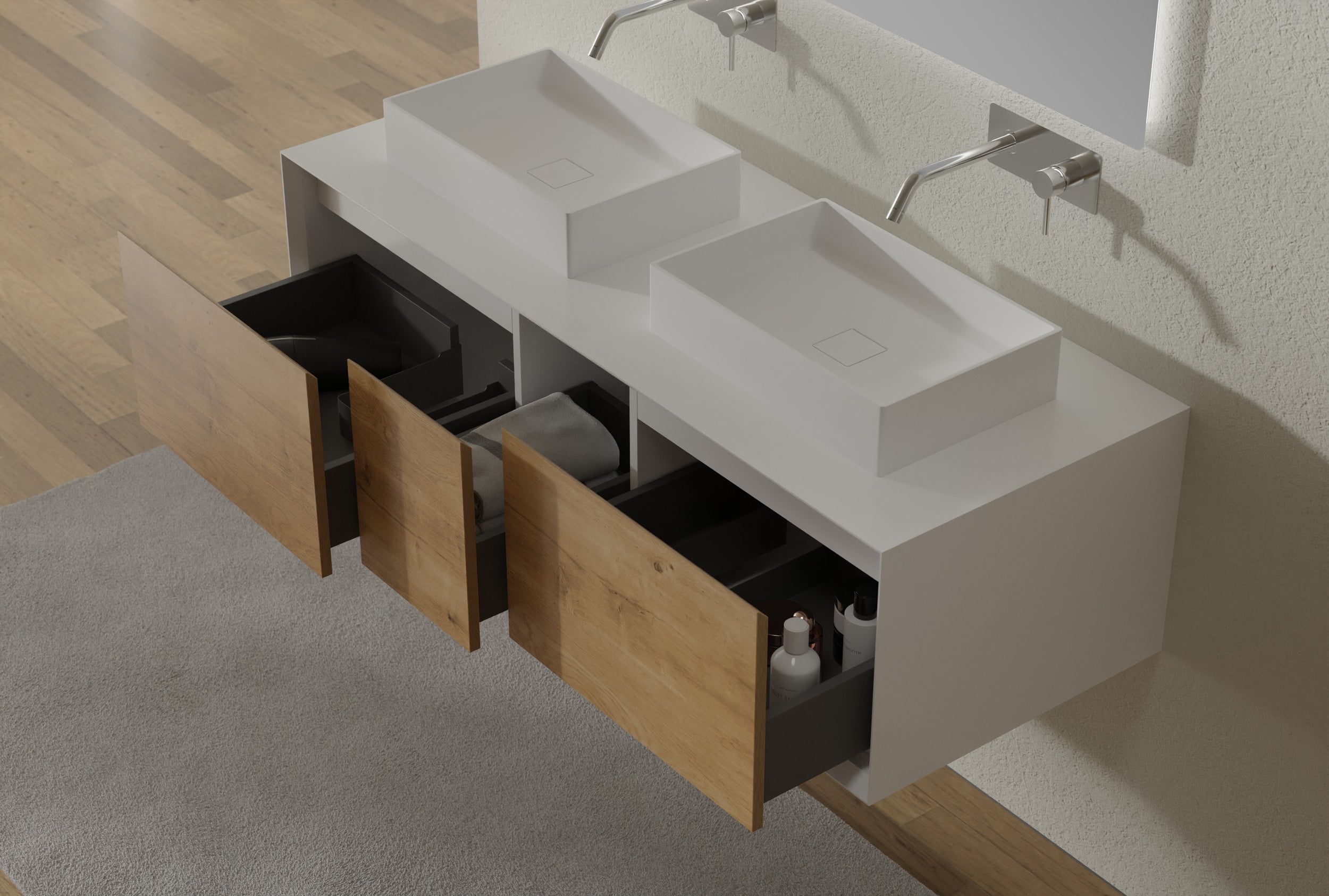 Koupelnová skříňka Fiona Multy 1400 - bílá matná - čelo zásuvky dub