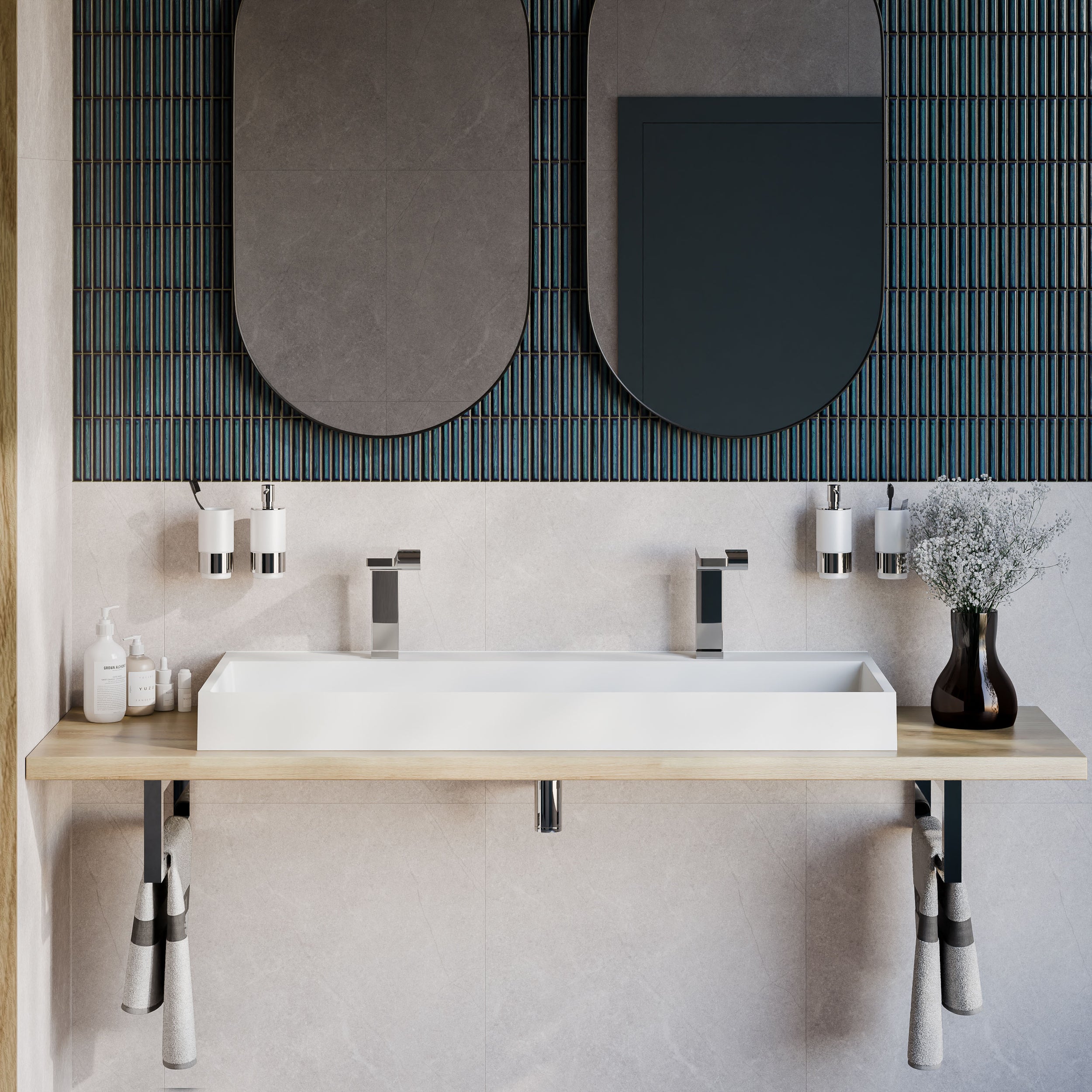 Umyvadlo BS6001 nástěnné i na desku - šířka 120 cm - 2 otvory pro baterie - bílá