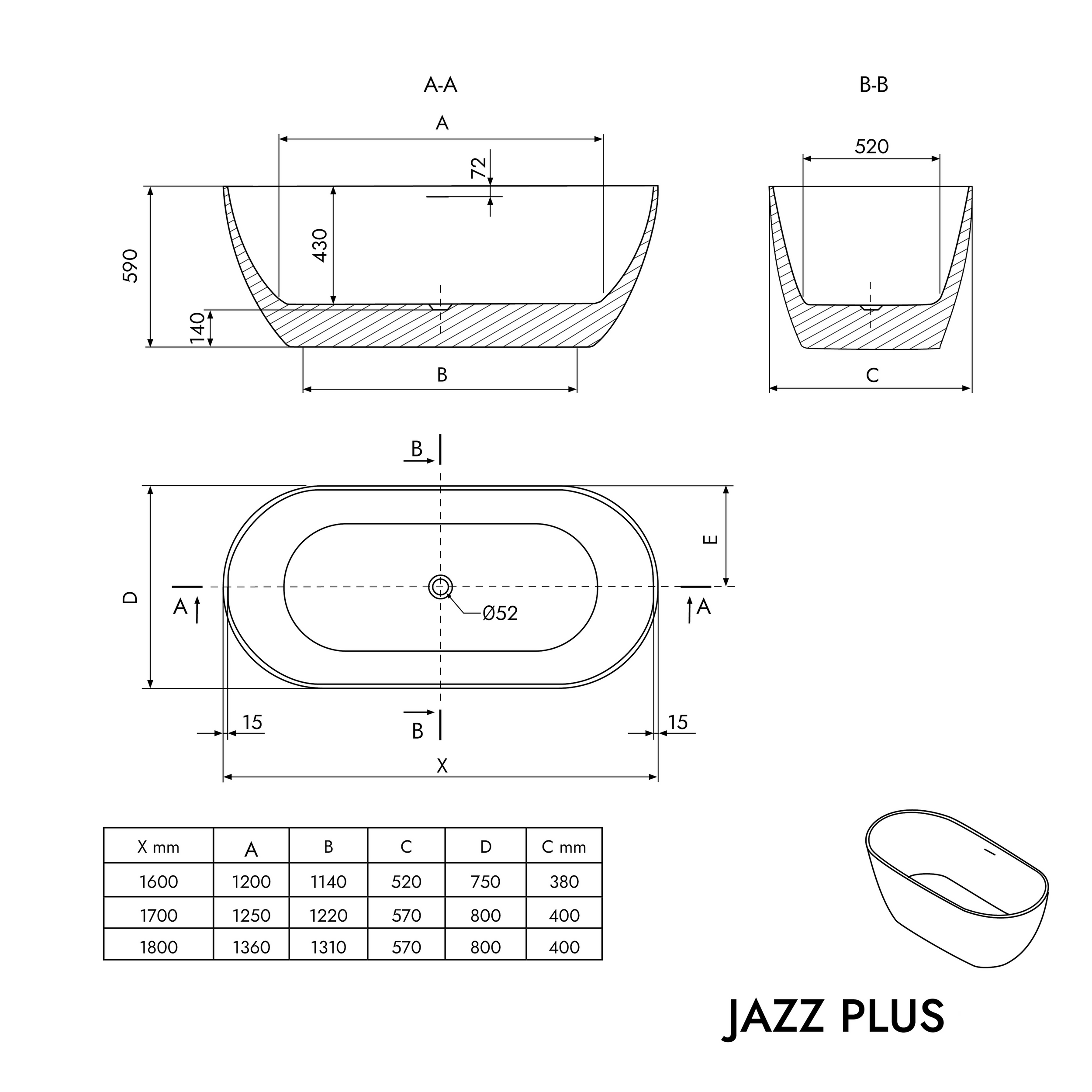 Volně stojící akrylátová vana JAZZ PLUS 2.0