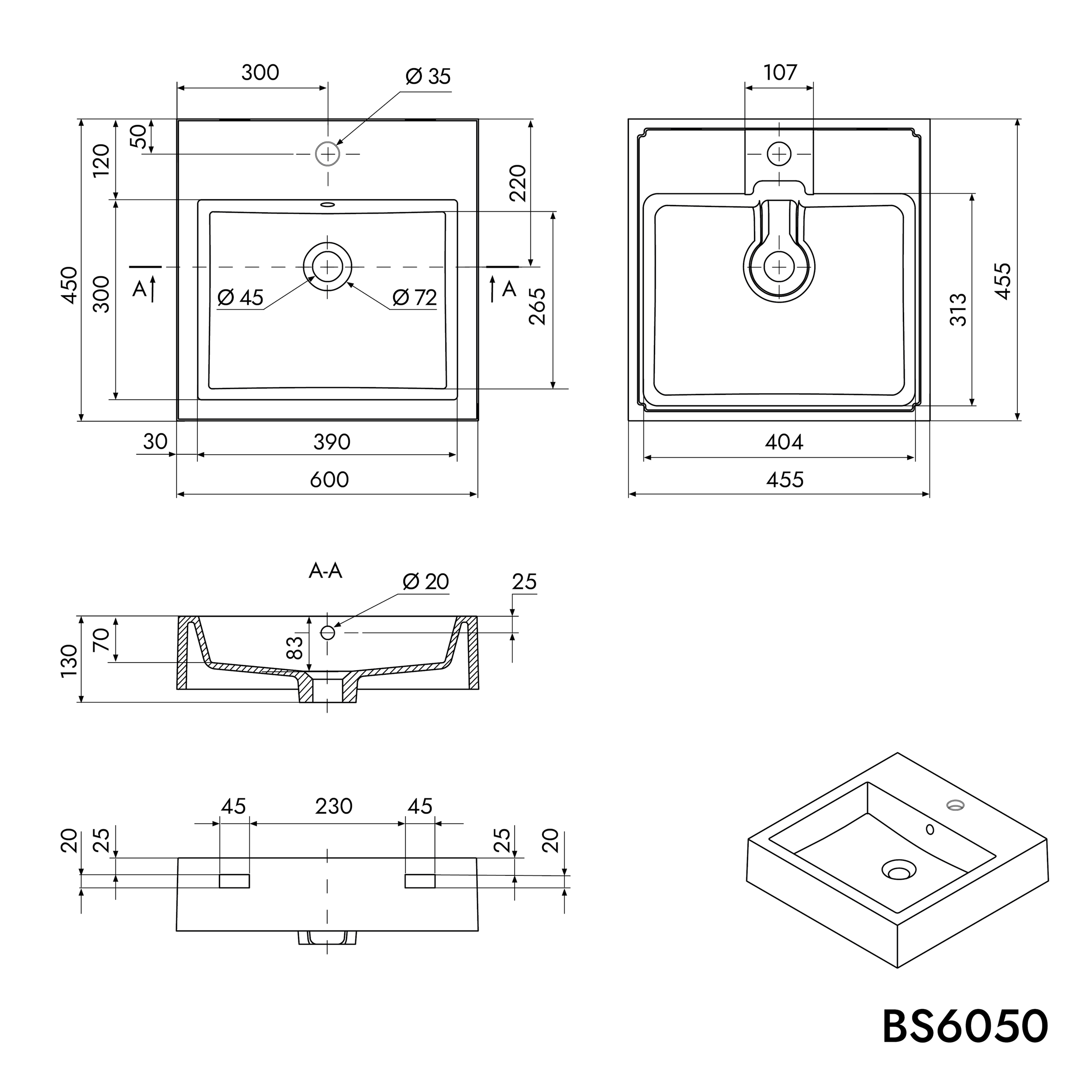 Umyvadlo BS6050 nástěnné i na desku - litý mramor - 45 x 45 x 12,5 cm - bílá lesklá