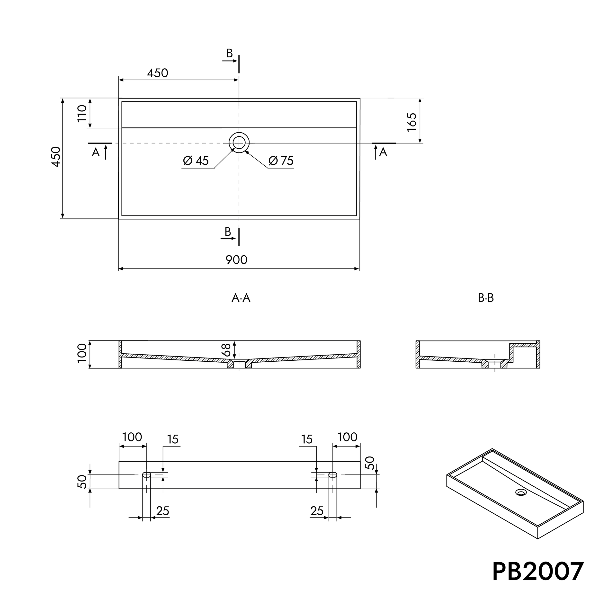 Umyvadlo PB2007 nástěnné i na desku - minerální odlitek - 90 × 45 × 10 cm - bílá matná