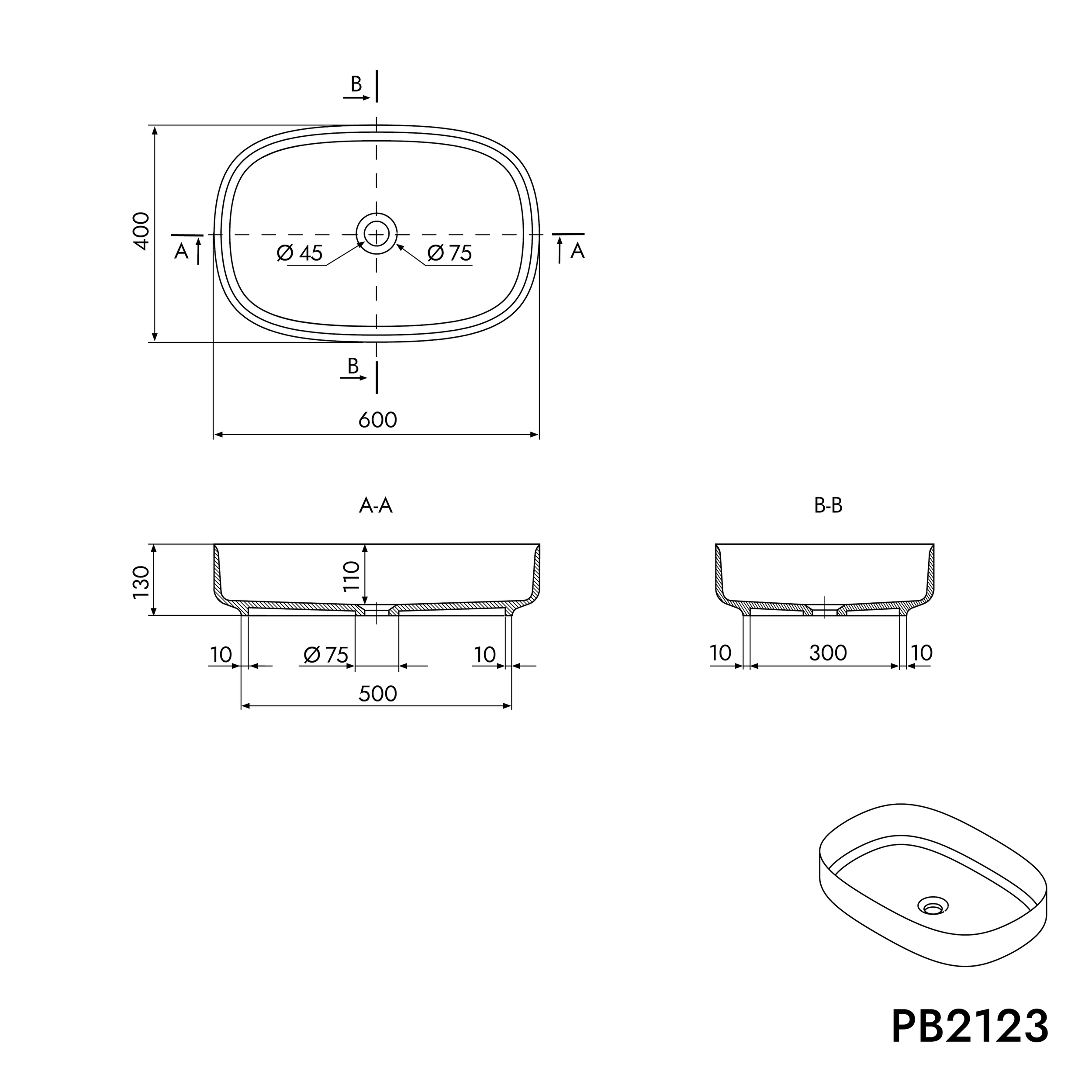 Umyvadlo na desku PB2123 oválné - minerální odlitek (Pure Acrylic) - 60x40x13 cm