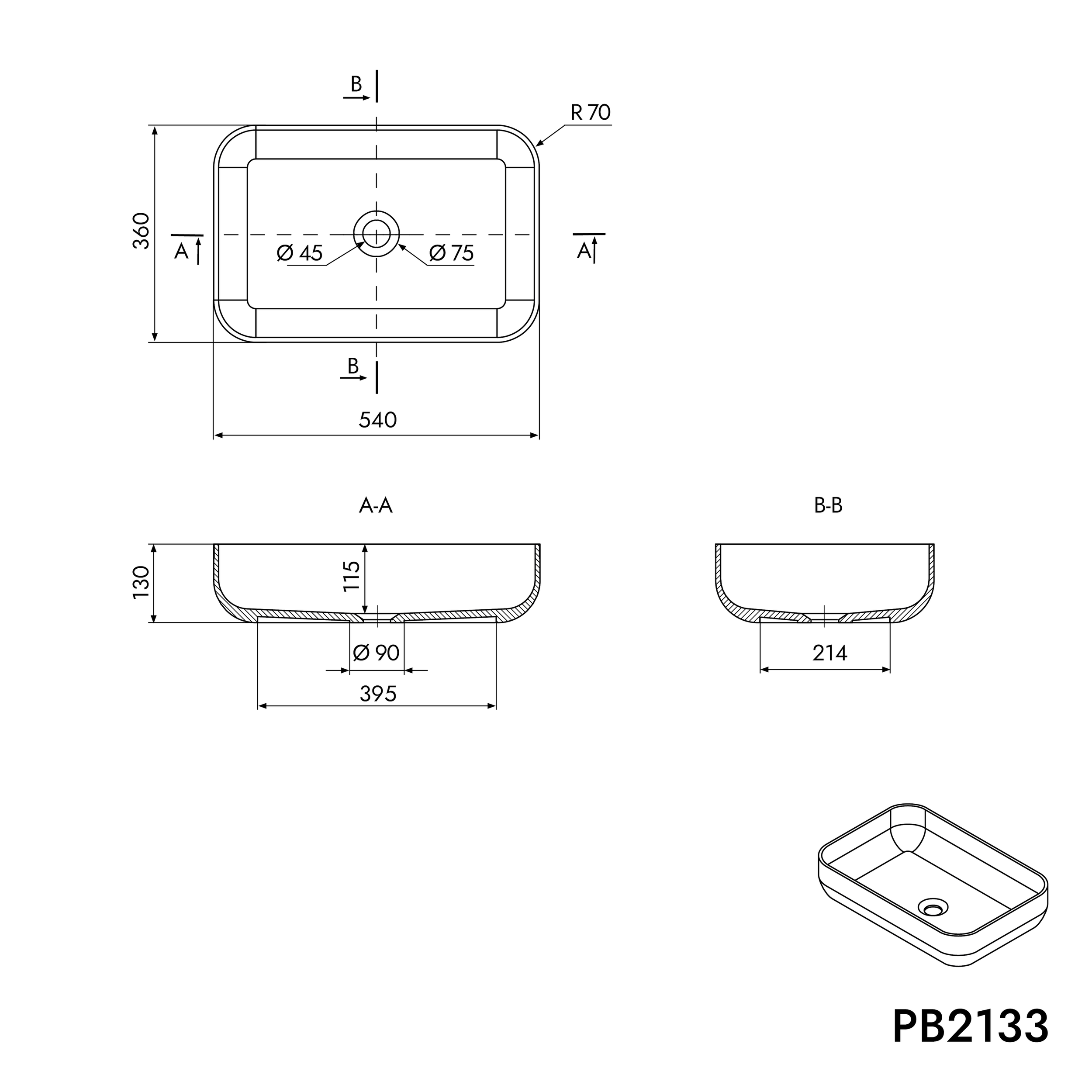 Umyvadlo na desku PB2133 - minerální odlitek - 54 x 36 x 13 cm - možnost volby barvy