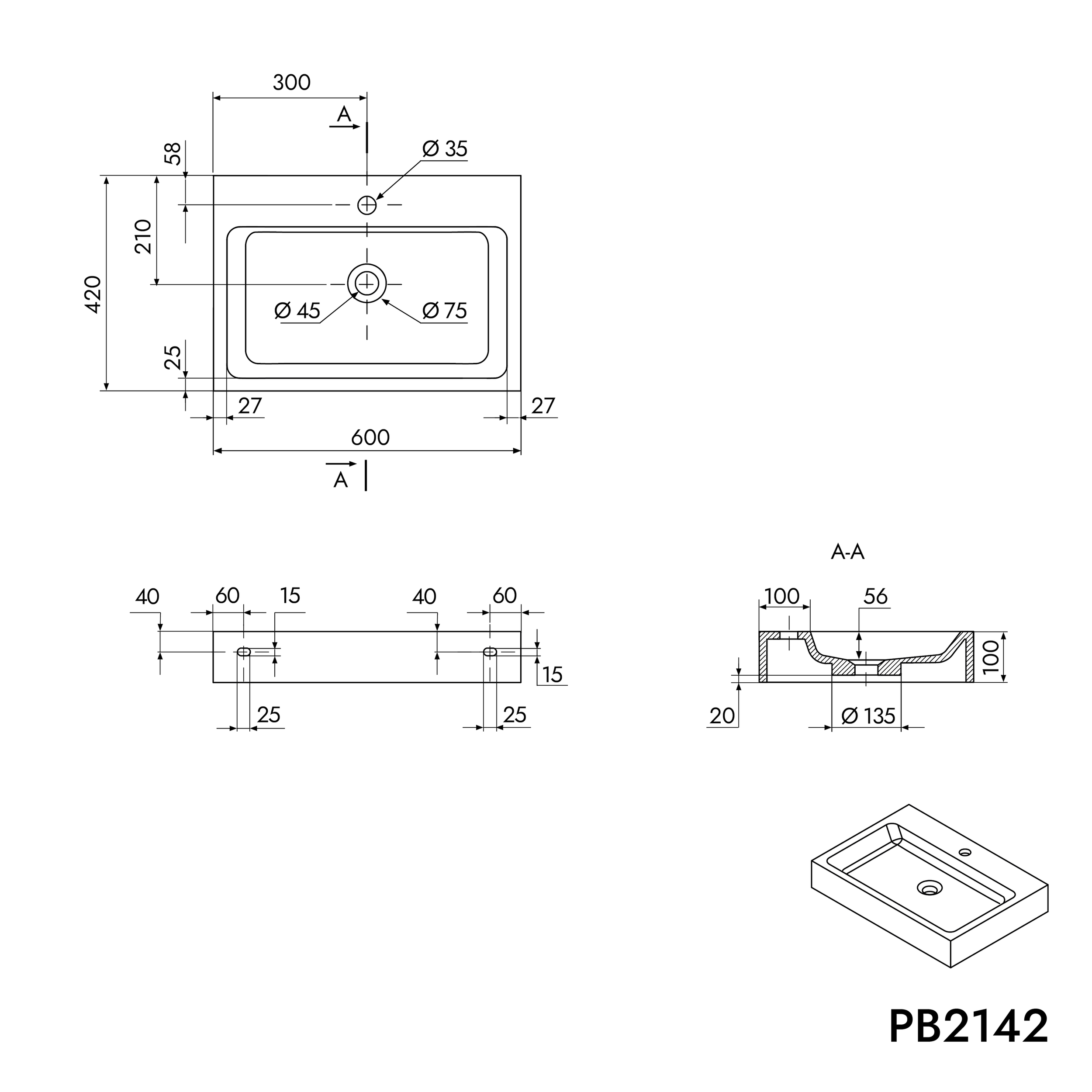Umyvadlo PB2142 nástěnné i na desku - minerální odlitek - 60 x 42 x 10 cm - bílá matná