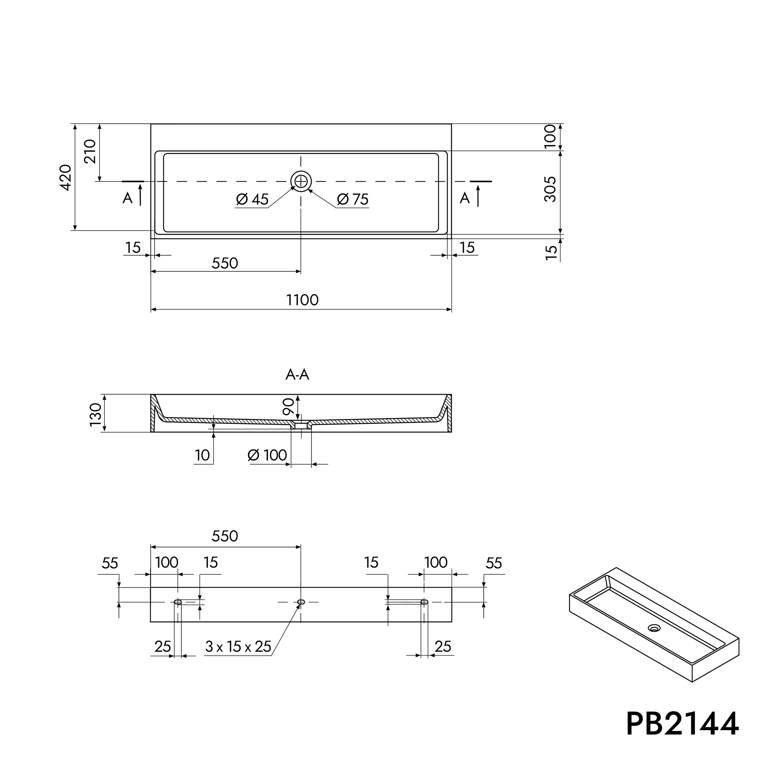 Umyvadlo PB2144-1 nástěnné i na desku - minerální odlitek - 110 × 42 × 13 cm - bílá matná