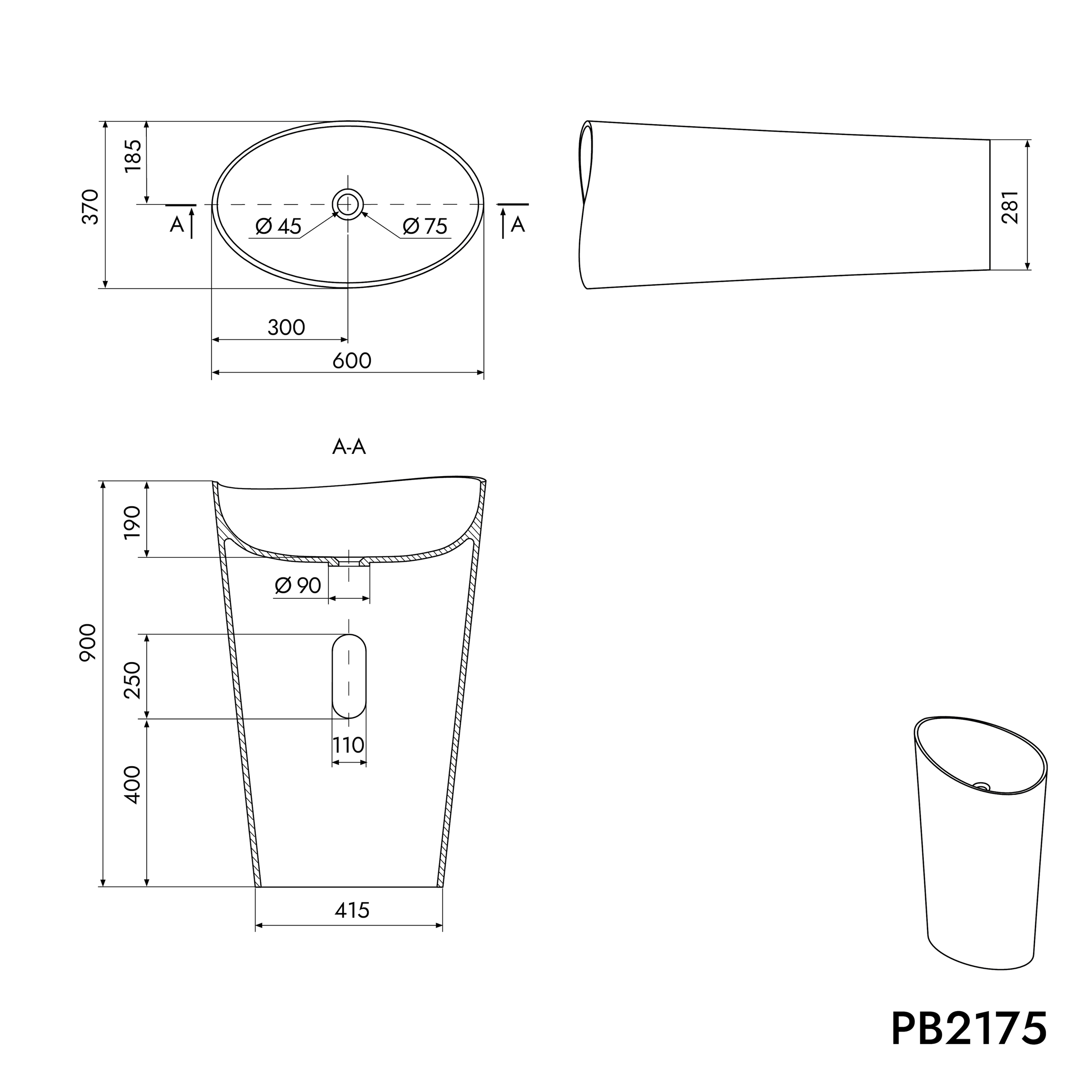 Volně stojící umyvadlo WAVE PB2175 - minerální odlitek - 60 × 37 × 90 cm - bílá