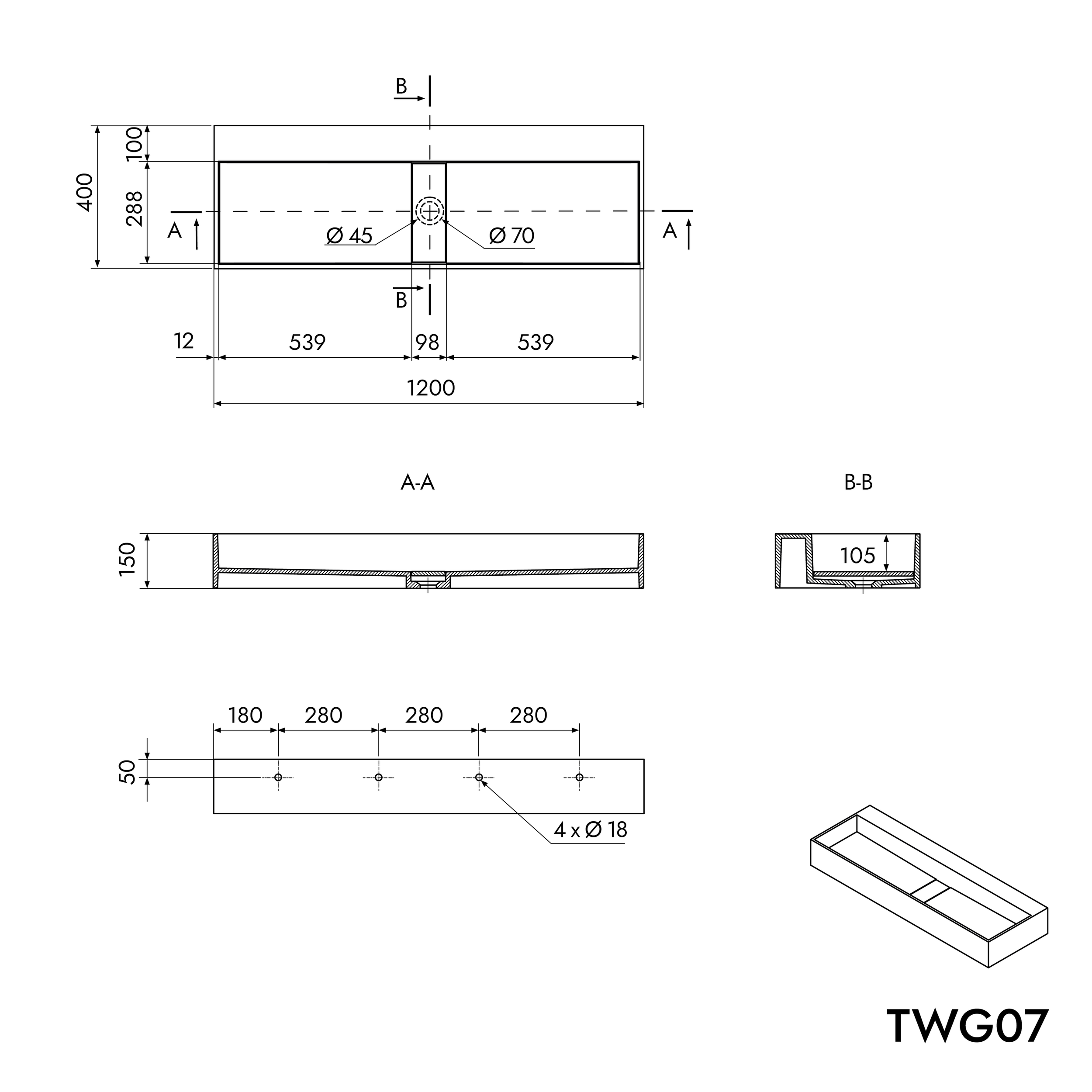 Umyvadlo na desku TWG07 - minerální odlitek (Pure Acrylic) - 120 x 40 x 15 cm