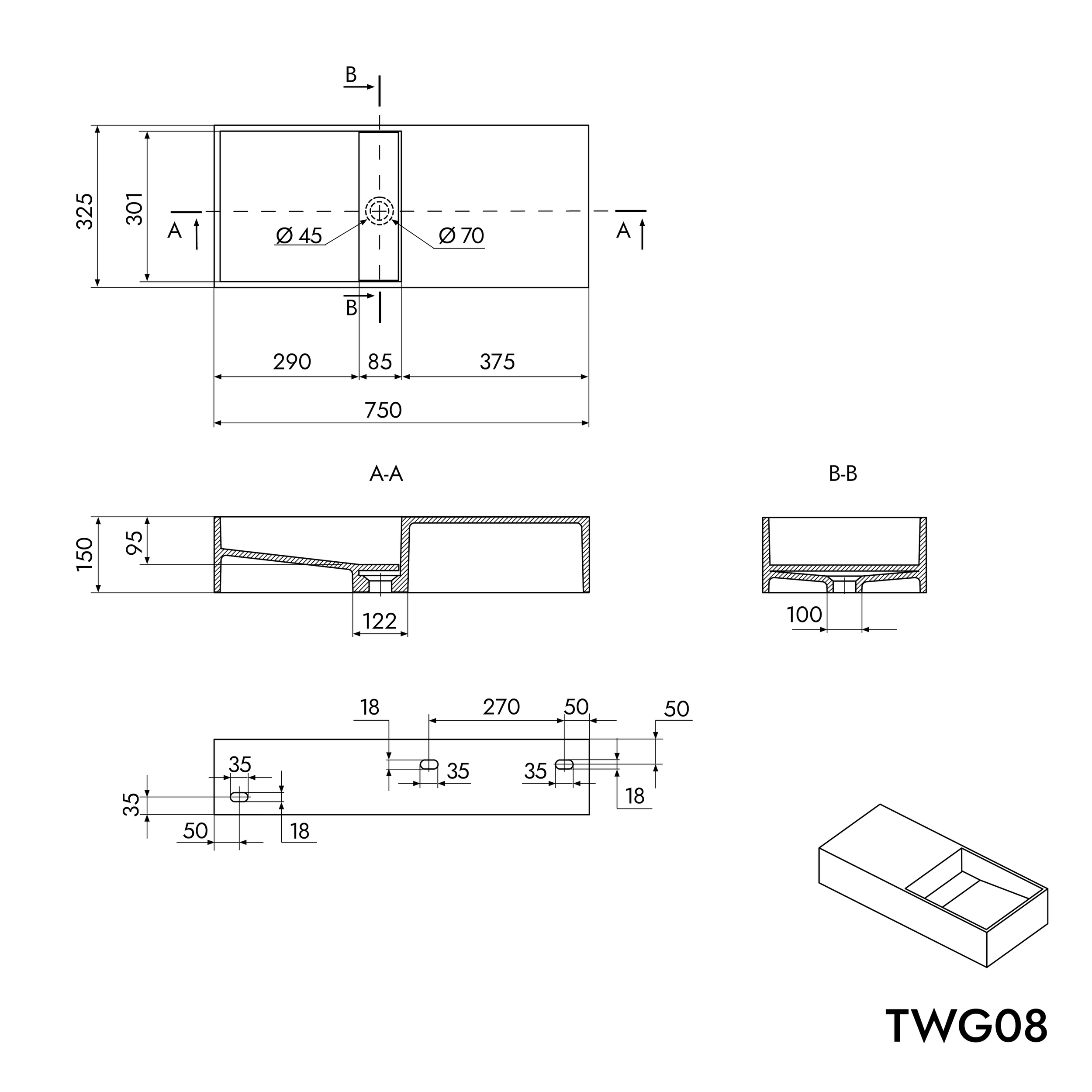 Umyvadlo s úložný prostorem TWG08 - nástěnné i na desku
