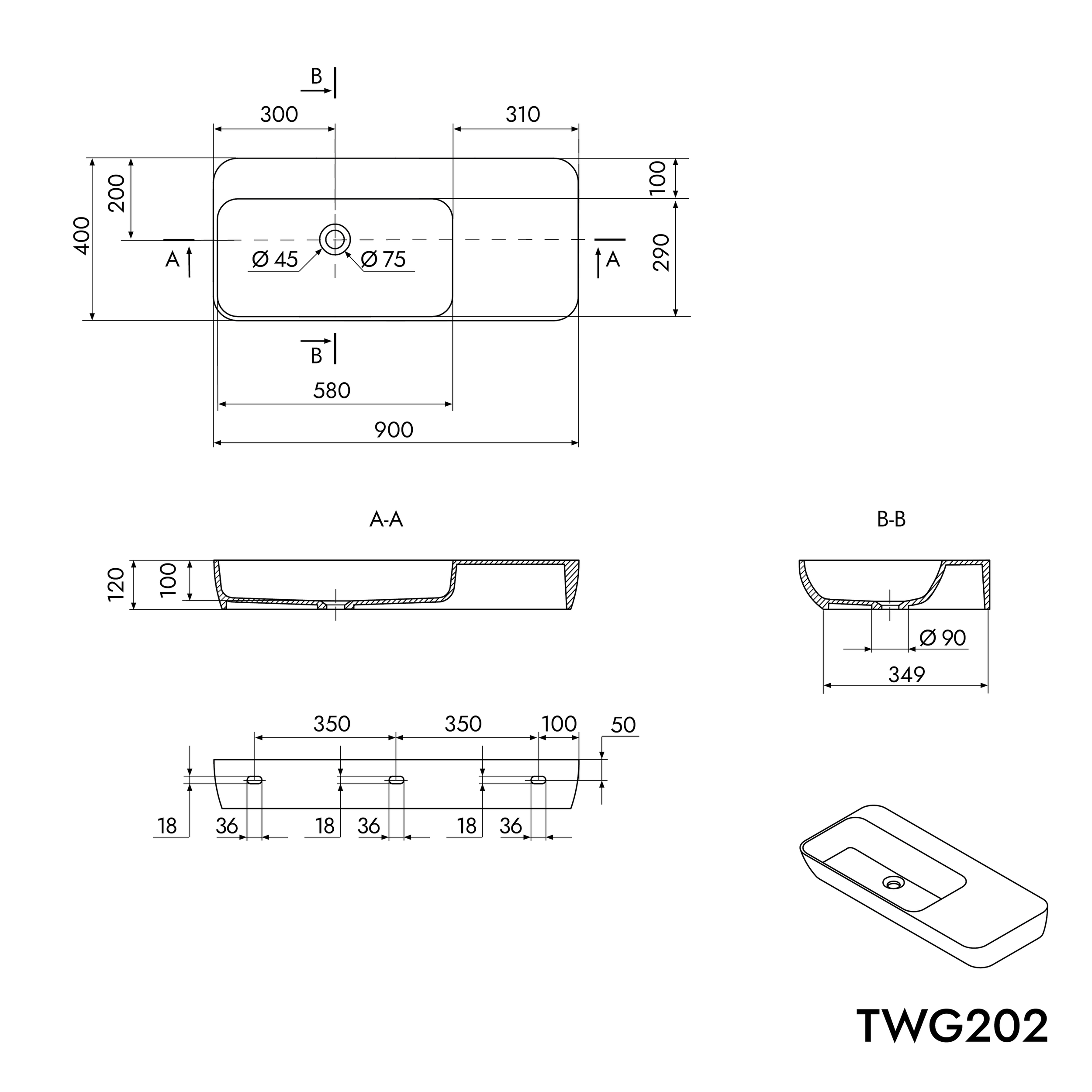Umyvadlo TWG202 nástěnné i na desku - minerální odlitek - 90 x 40 x 12 - bílá matná
