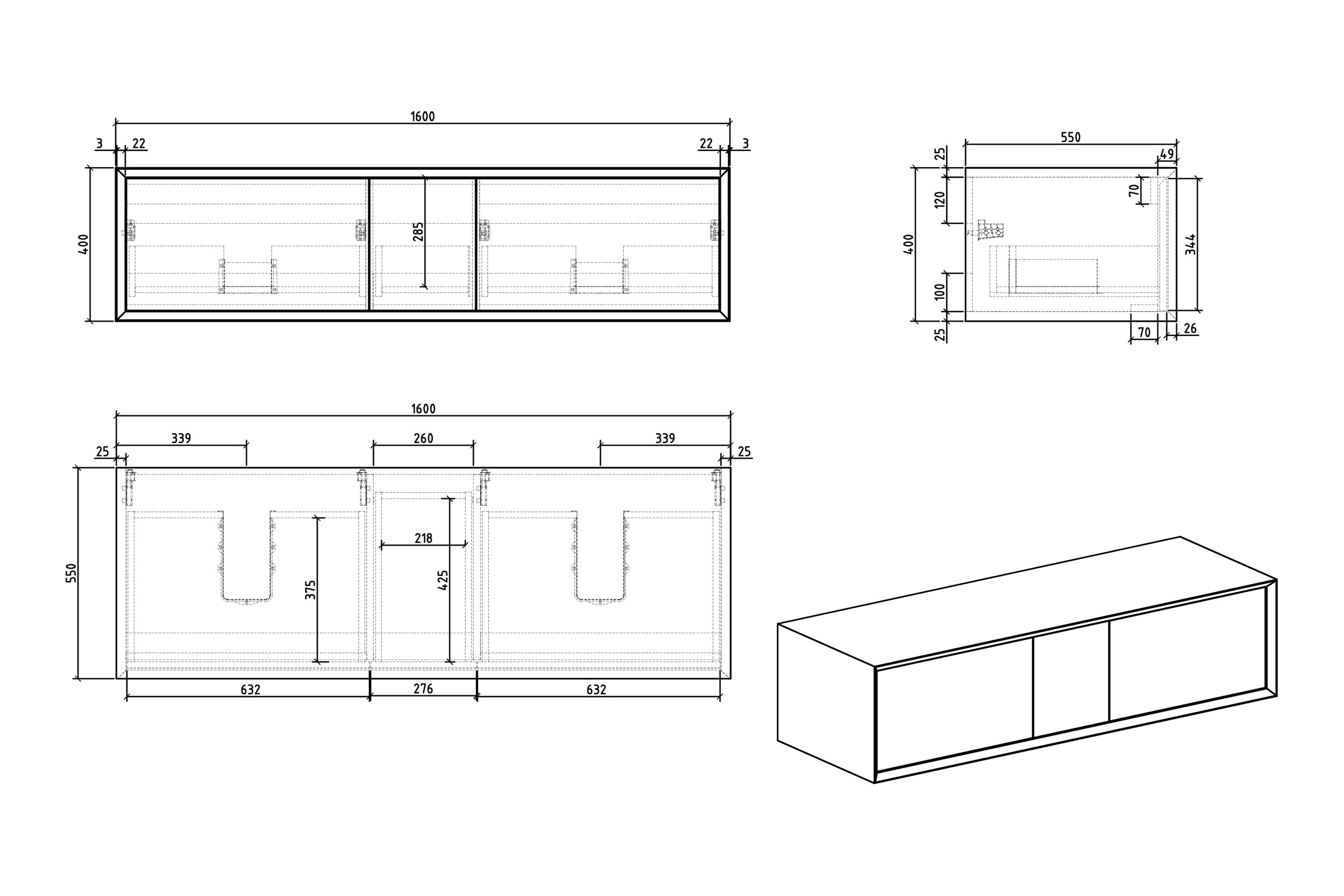 Koupelnová skříňka pod umyvadlo na desku Fiona Multy 1600 bílá matná - čelo zásuvky dub
