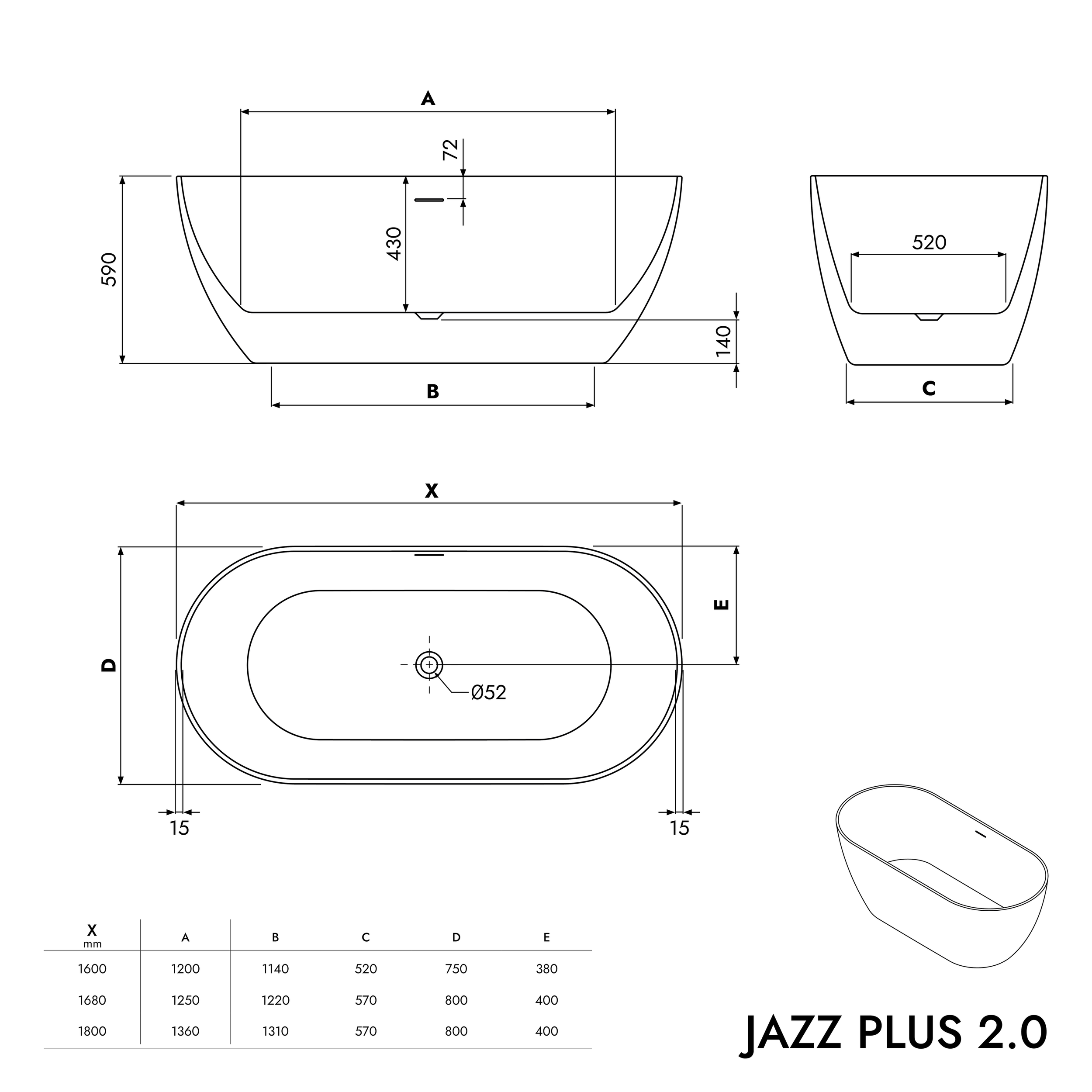 Volně stojící akrylátová vana JAZZ PLUS 2.0 