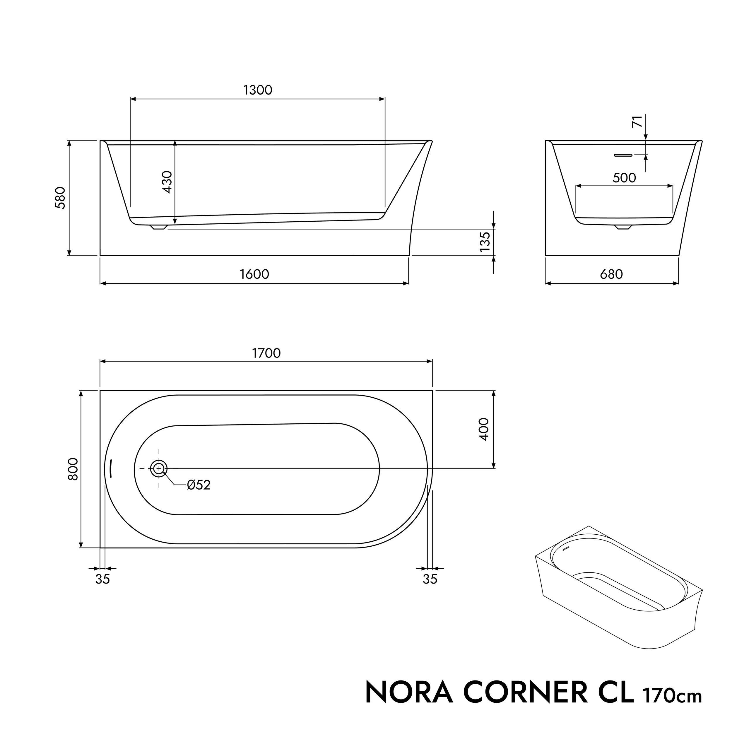 Volně stojící akrylátová vana NORA CORNER 