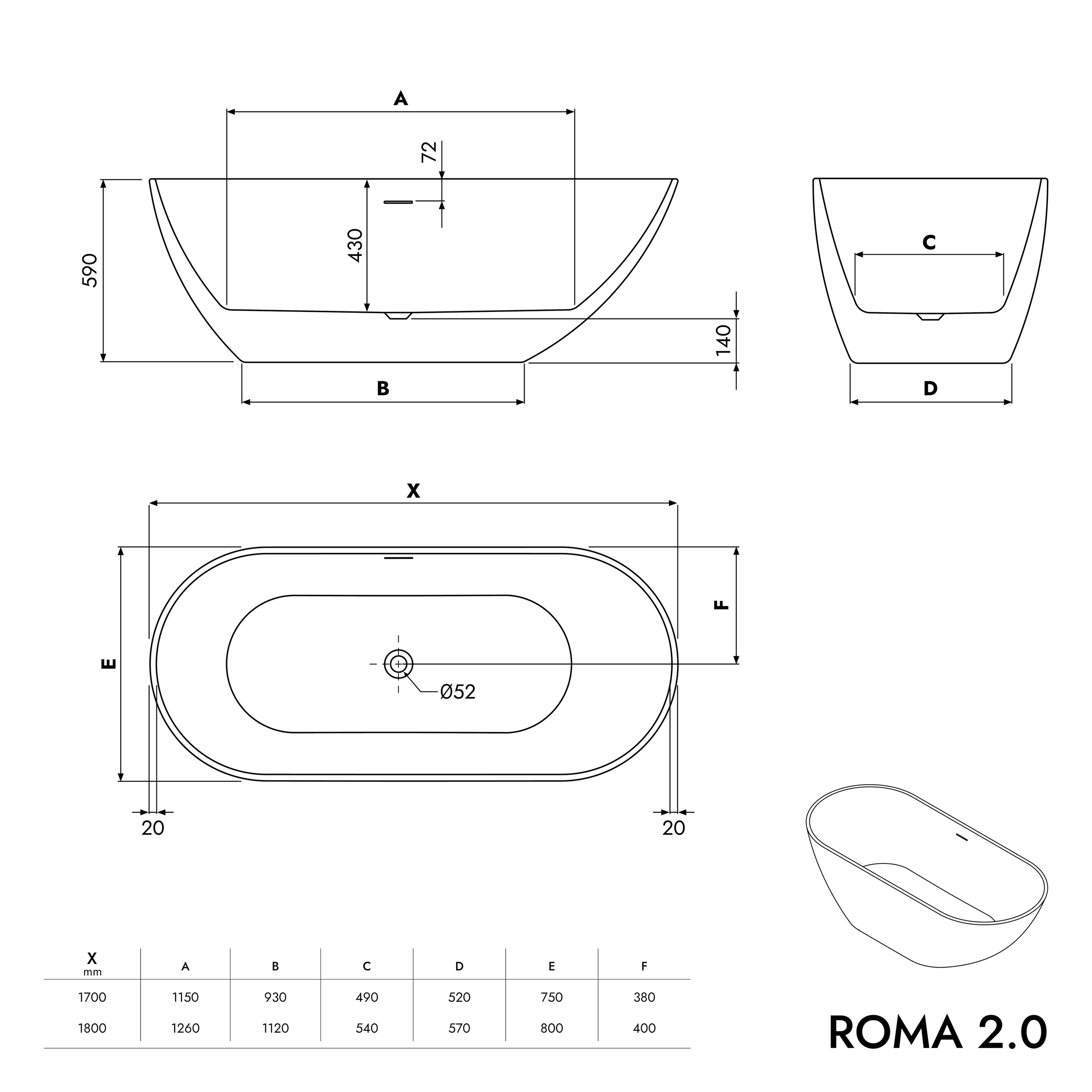 Volně stojící akrylátová vana ROMA 2.0