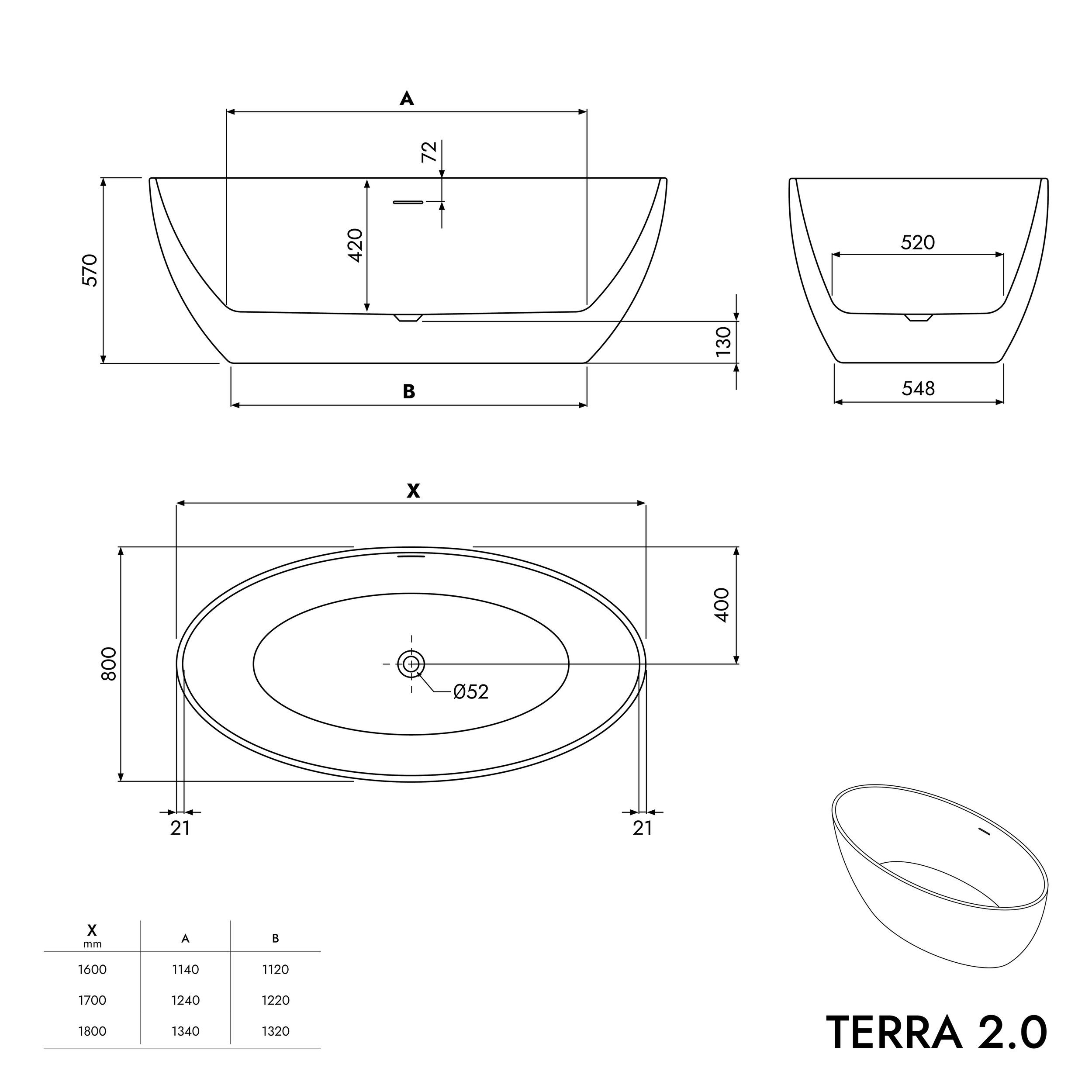 Volně stojící akrylátová vana TERRA 2.0 - možnost volby barvy a velikosti