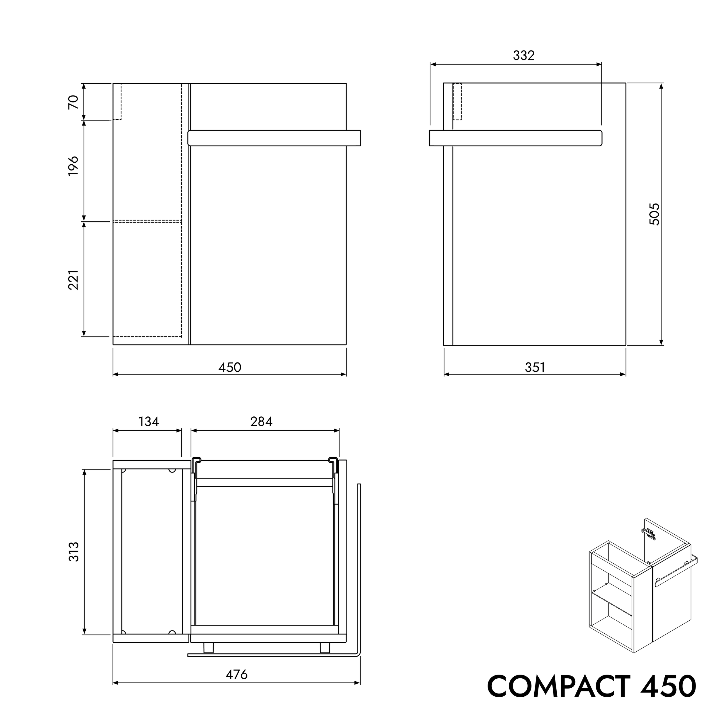 Koupelnová skříňka COMPACT 450 s umyvadlem 45 cm - police vlevo - možnost volby barvy