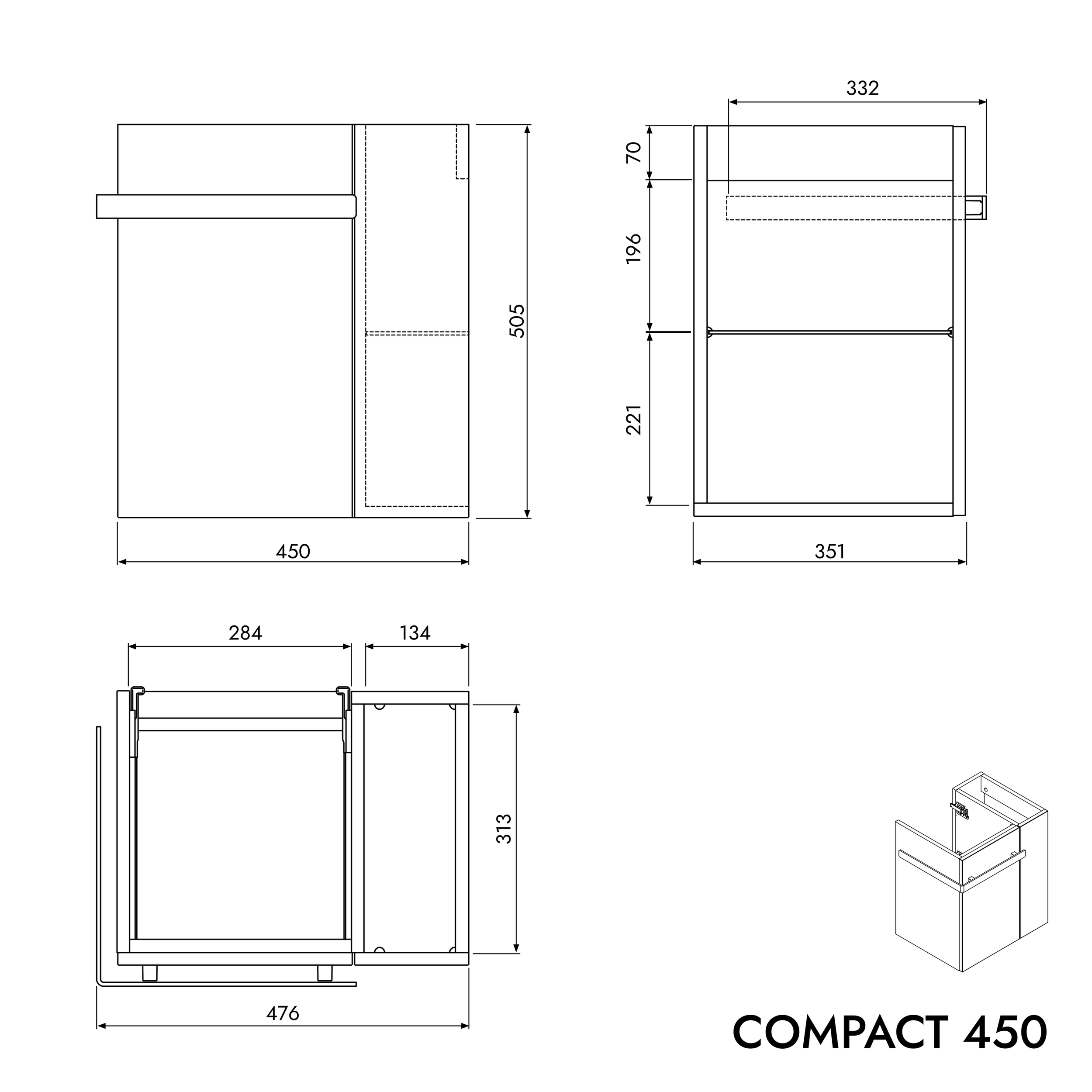 Koupelnová skříňka COMPACT 450 s umyvadlem 45 cm - police vpravo - možnost volby barvy