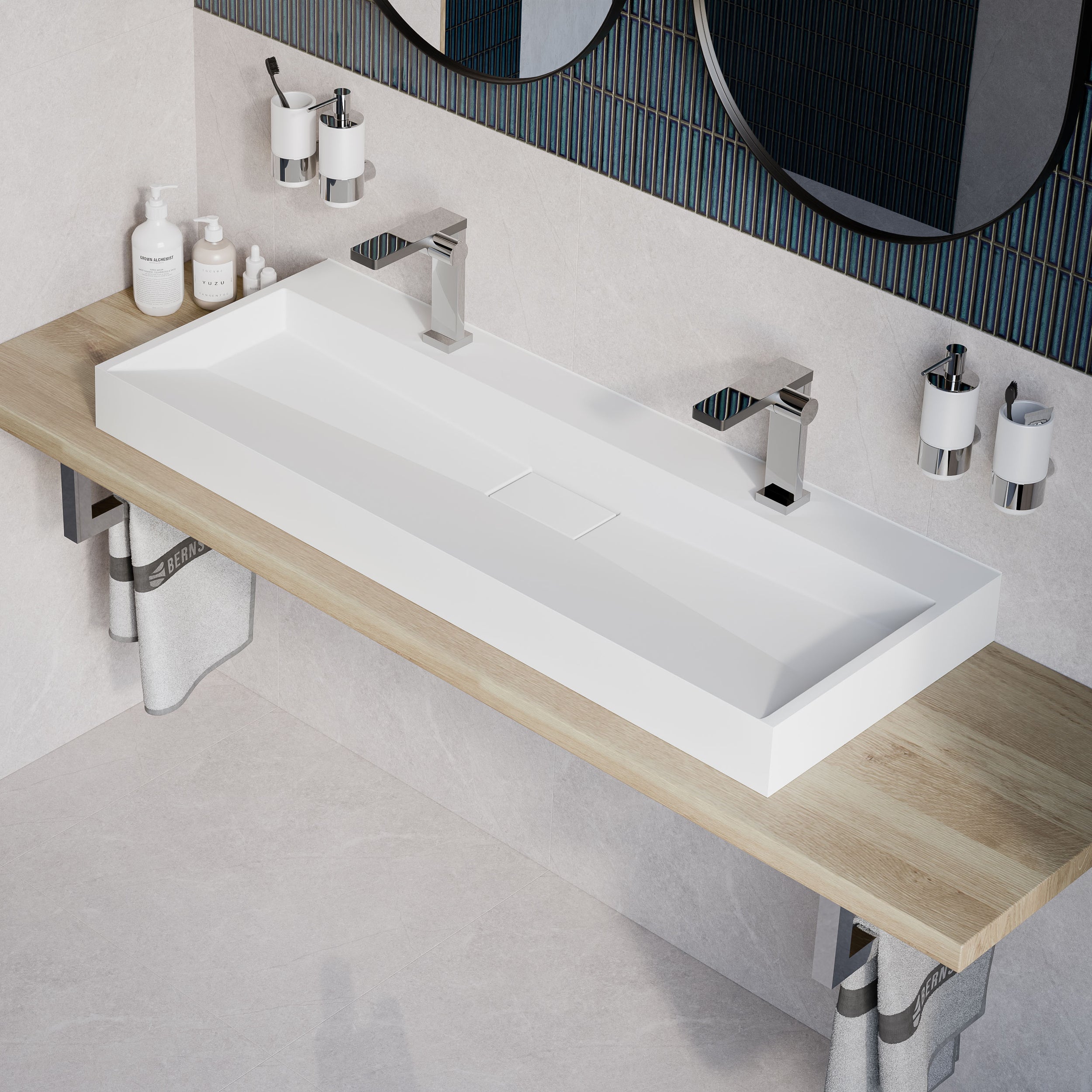 Umyvadlo BS6001 nástěnné i na desku - šířka 120 cm - 2 otvory pro baterie - bílá