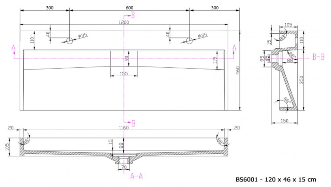 Umyvadlo BS6001 nástěnné i na desku - šířka 120 cm - 2 otvory pro baterie - bílá