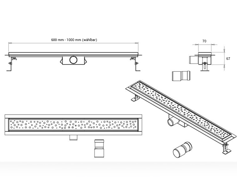 Sprchový žlábek GT01 z nerezové oceli, obkladový