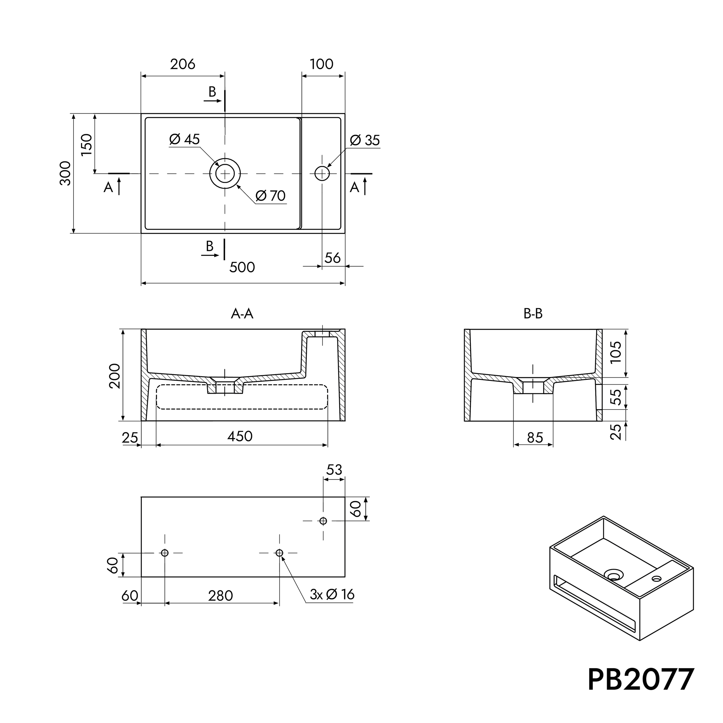 Nástěnné umyvadlo PB2077 - minerální odlitek - 50 x 30 x 20 cm - s držákem na ručníky - bílá matná