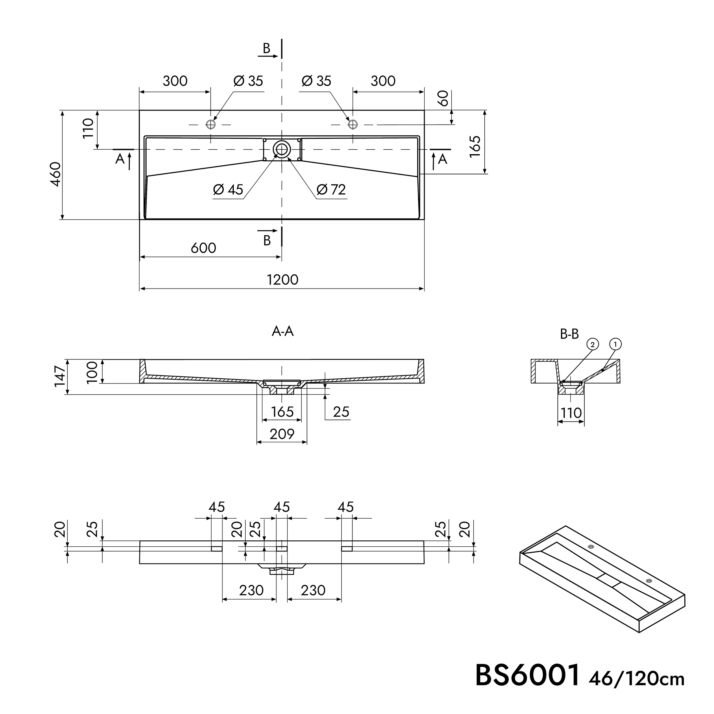Umyvadlo BS6001 nástěnné i na desku - šířka 120 cm - 2 otvory pro baterie - bílá