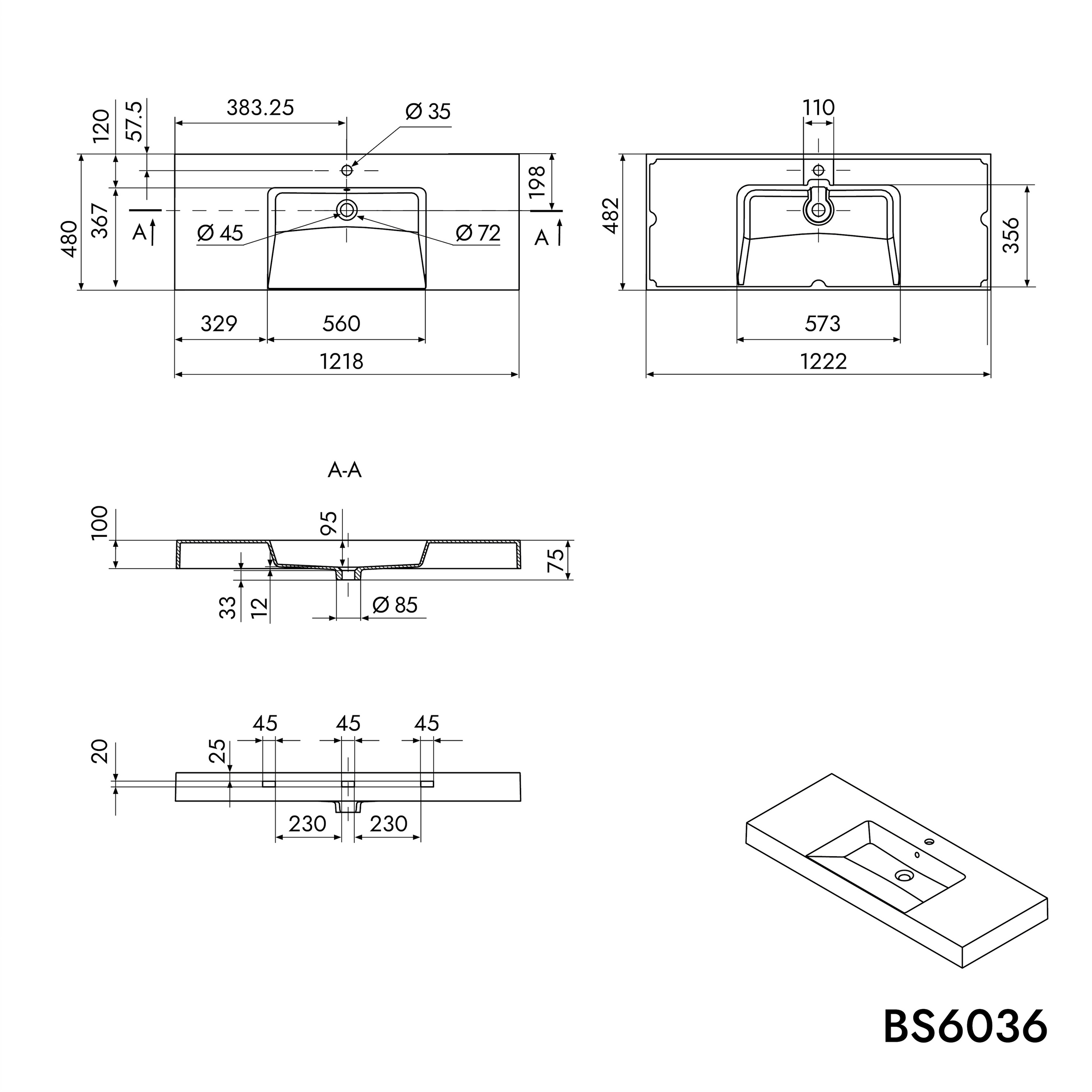 Nástěnné umyvadlo z litého mramoru BS6036