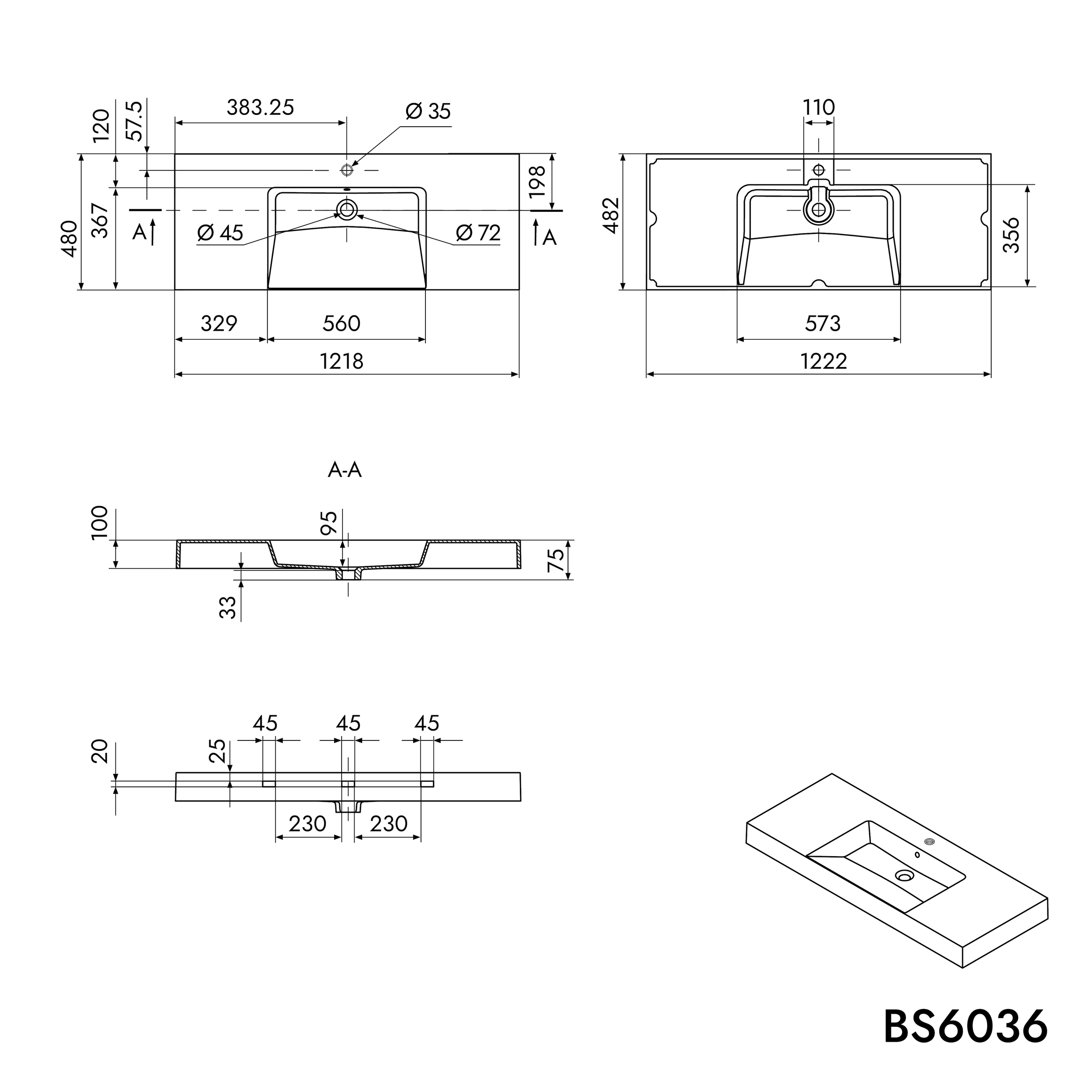 Nástěnné umyvadlo z litého mramoru BS6036