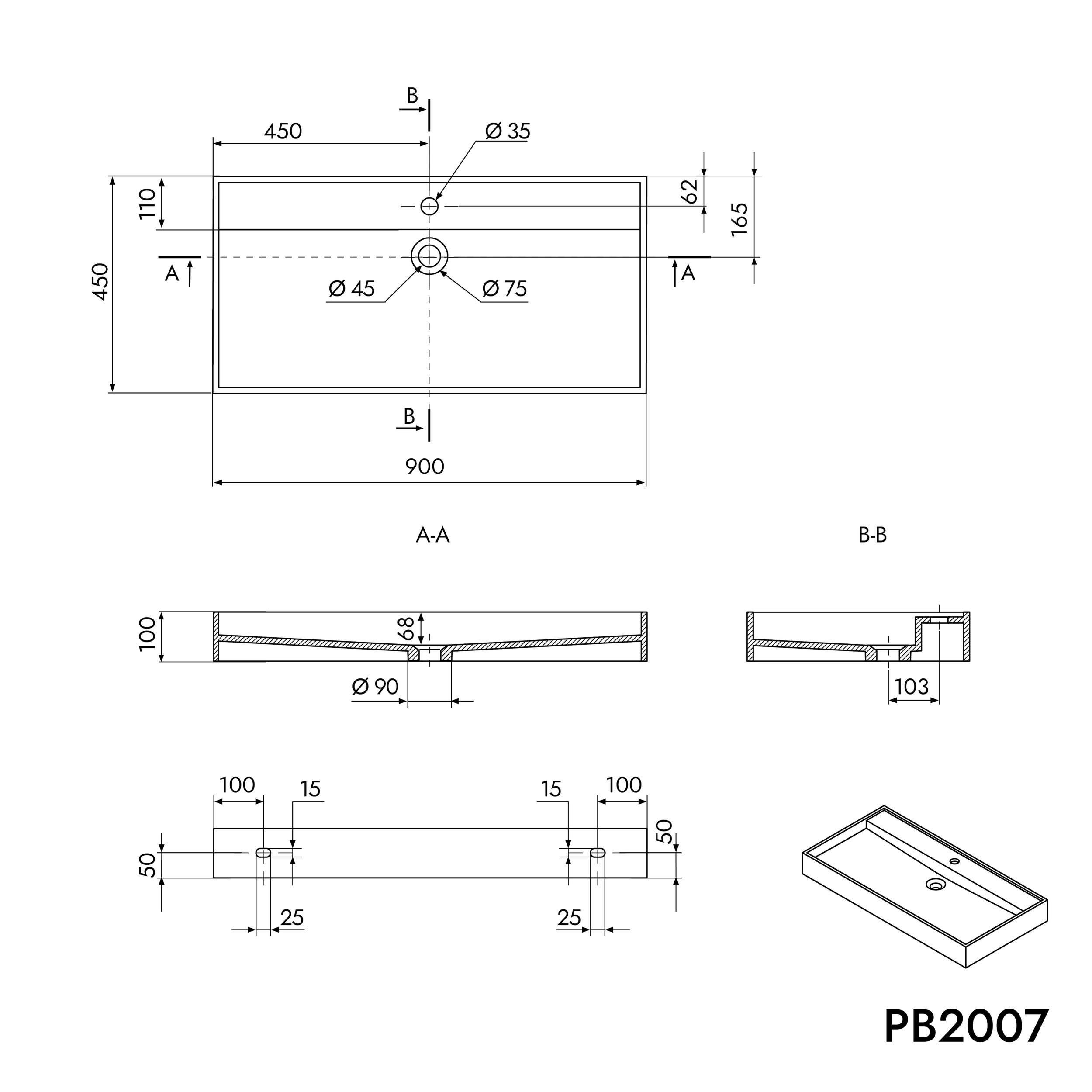 Umyvadlo PB2007 nástěnné i na desku - minerální odlitek - 90 × 45 × 10 cm - bílá matná