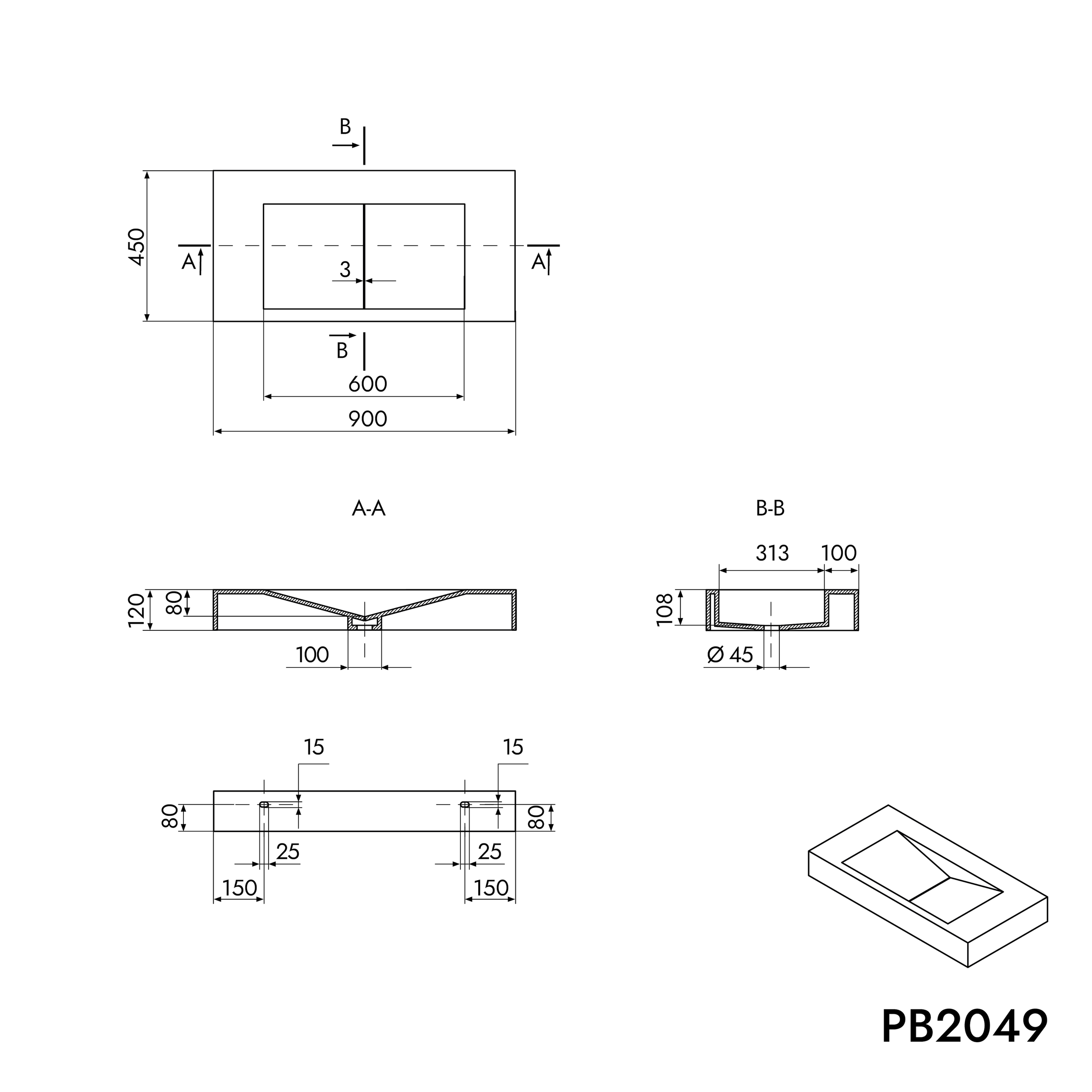 Nástěnné umyvadlo PB2049 z minerálního odlitku - 90 x 45 x 12 cm - bílé matné