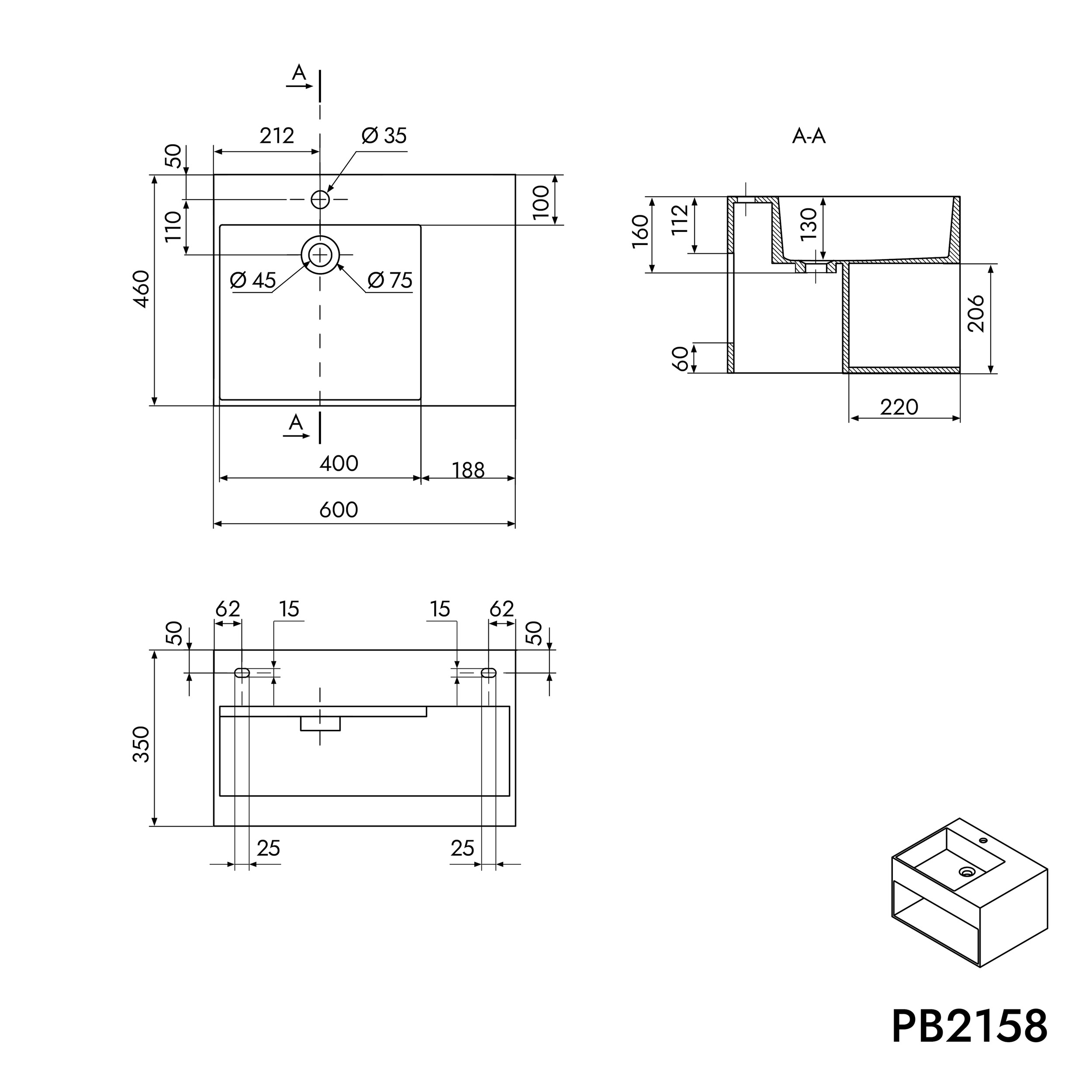 Nástěnné umyvadlo s policí PB2158 - konglomerát (solid stone)