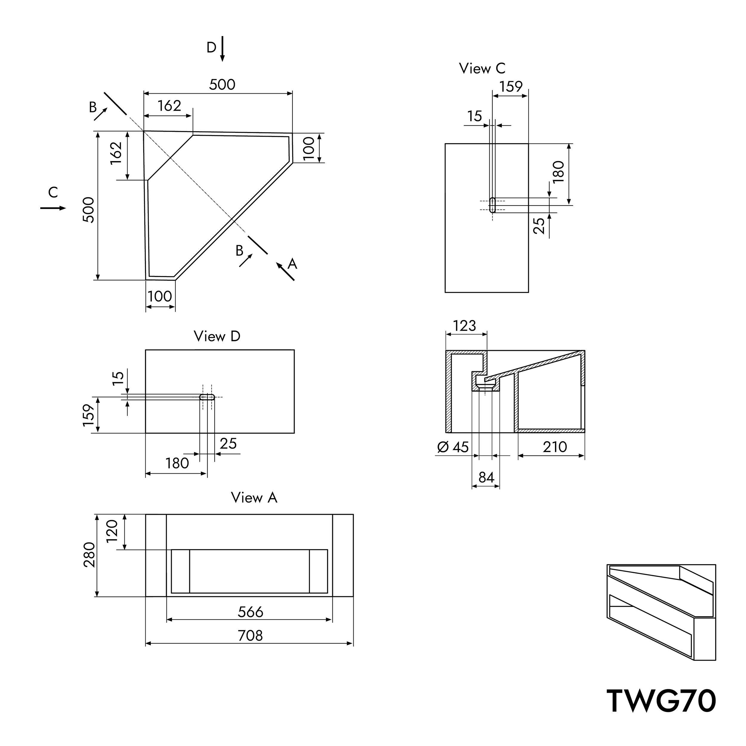 Rohové umyvadlo TWG70 - minerální odlitek 