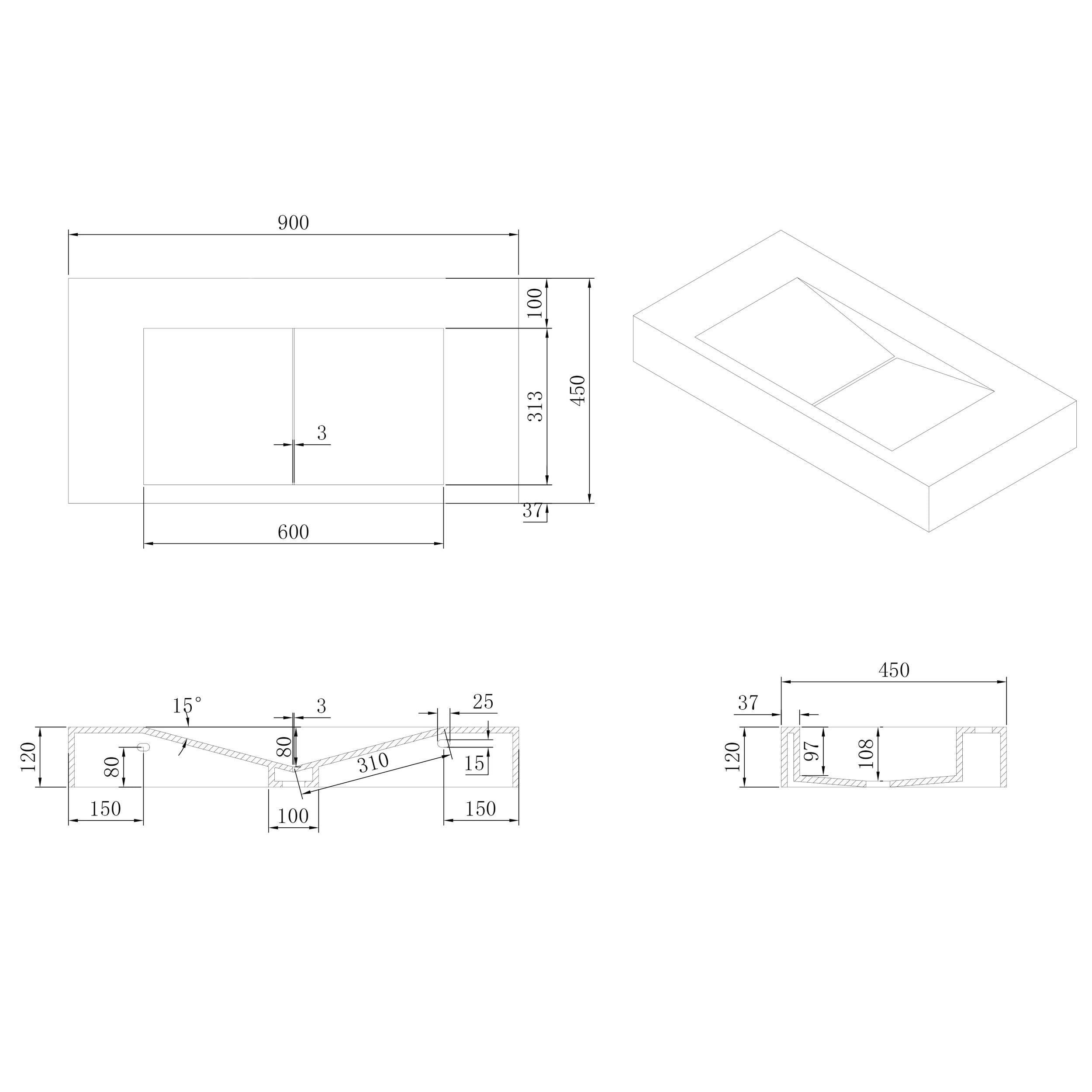 Nástěnné umyvadlo PB2049 z minerálního odlitku - 90 x 45 x 12 cm - bílé matné