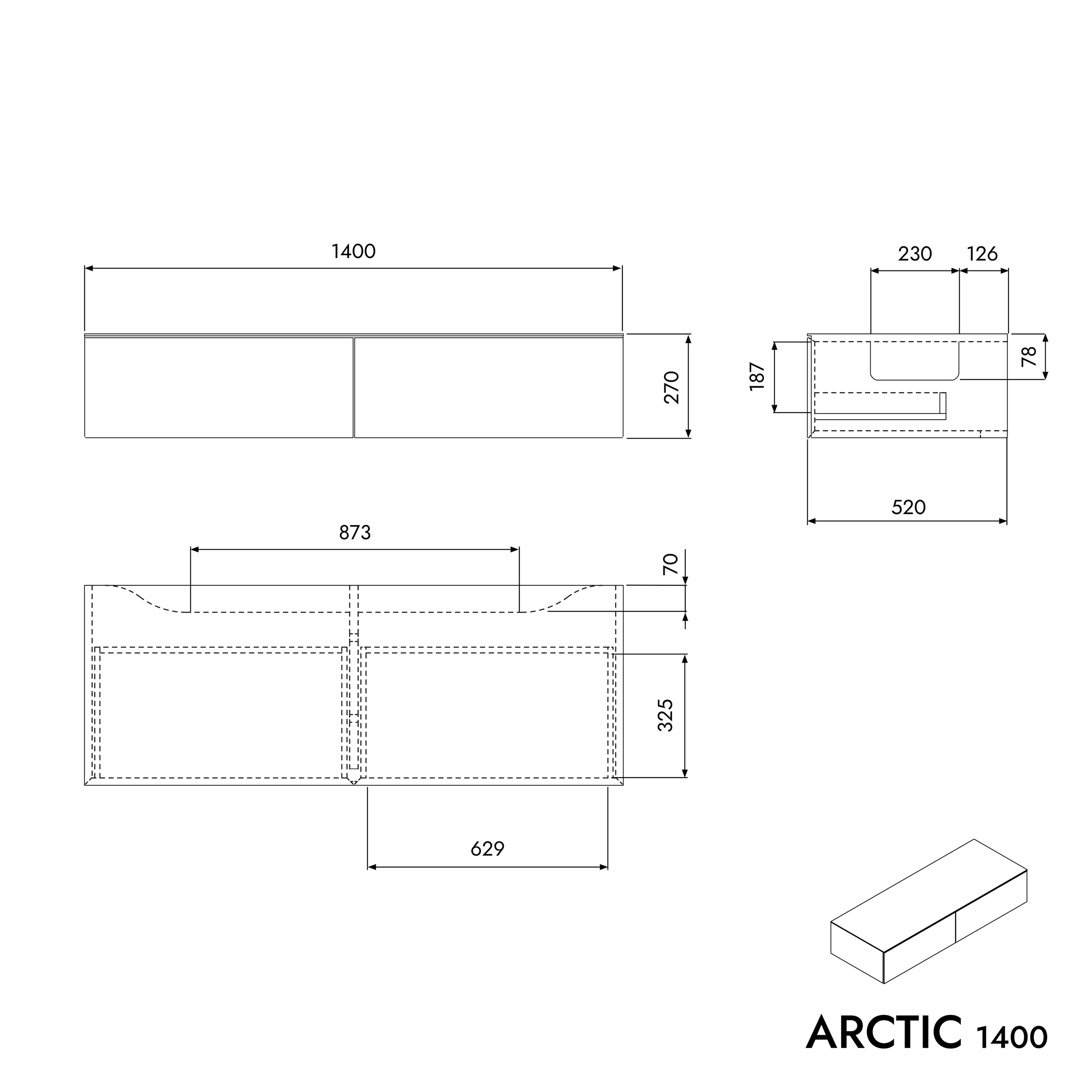 Koupelnová skříňka pod umyvadlo na desku ARCTIC 1400 