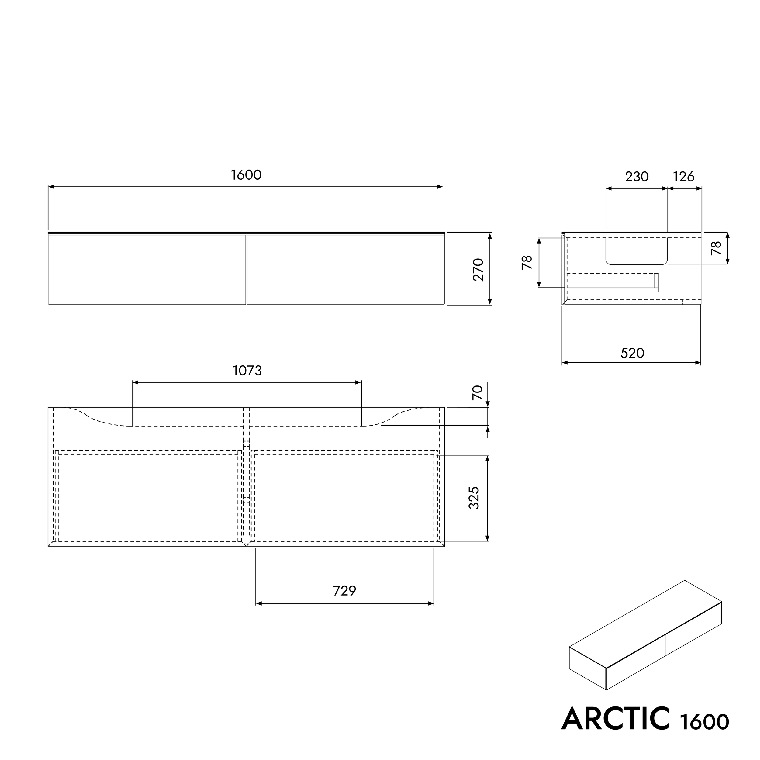 Koupelnová skříňka pod umyvadlo na desku ARCTIC 1600 White Softtouch 