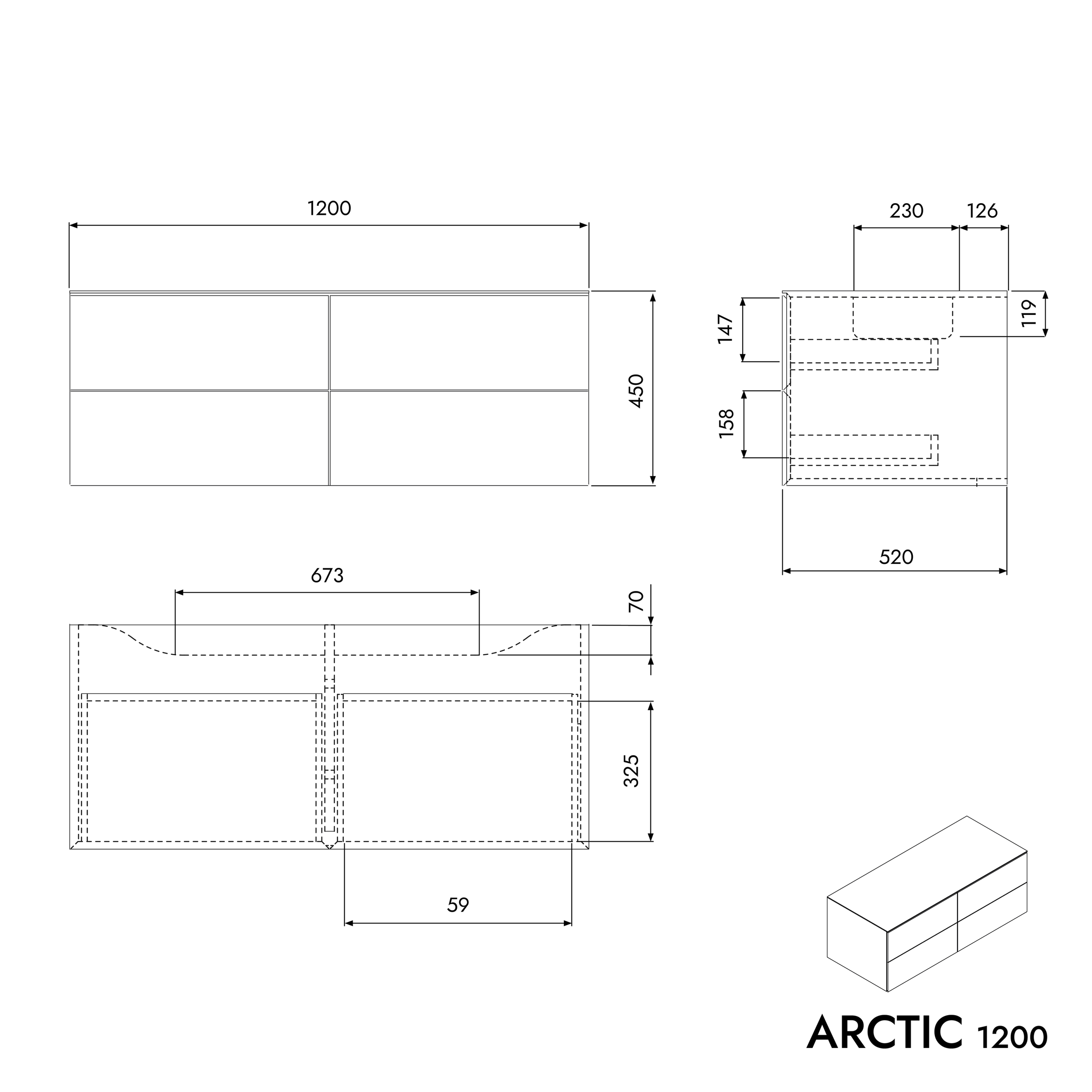 Koupelnová skříňka pod umyvadlo na desku ARCTIC 1200 bílá Softtouch - 4 zásuvky