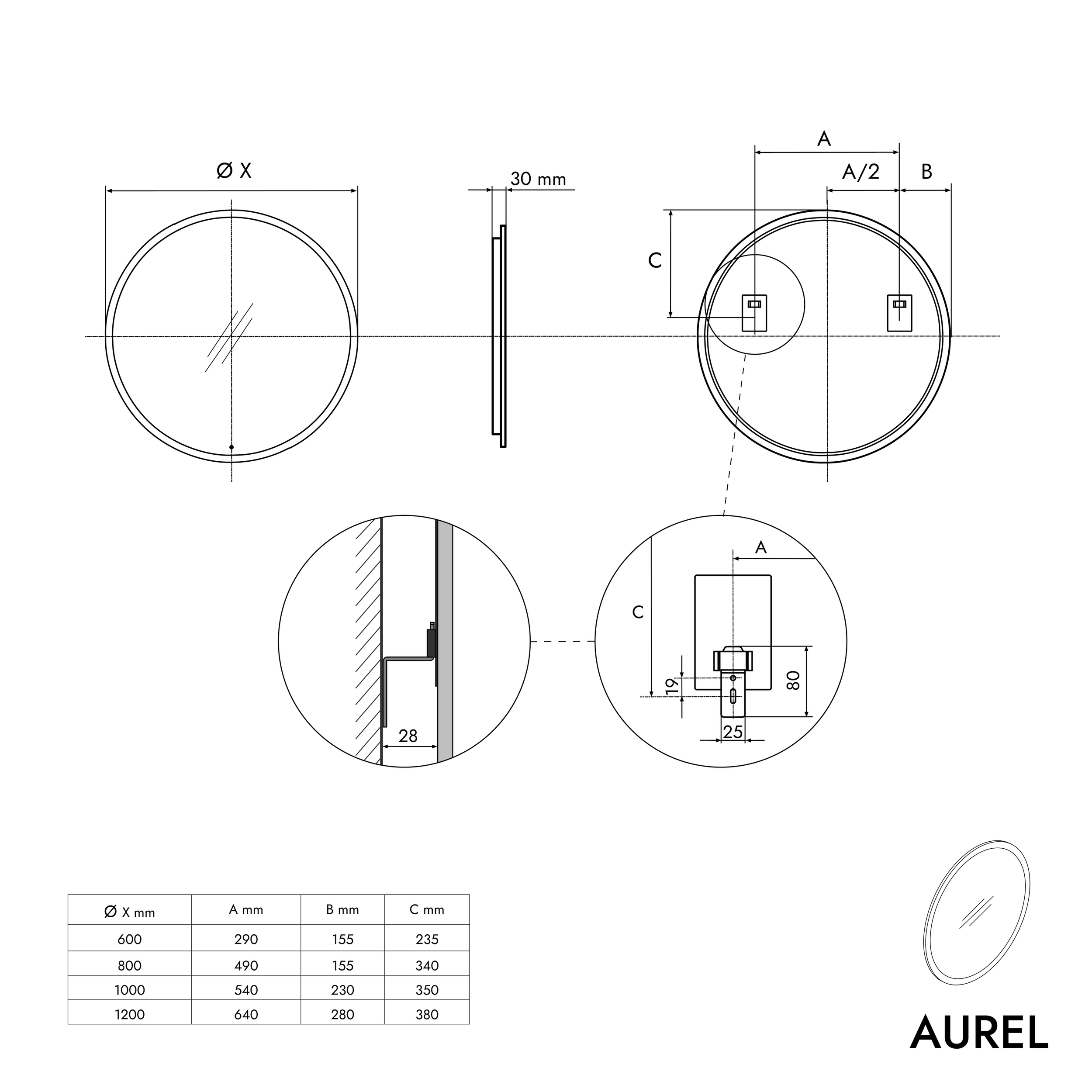 Kulaté LED koupelnové zrcadlo AUREL