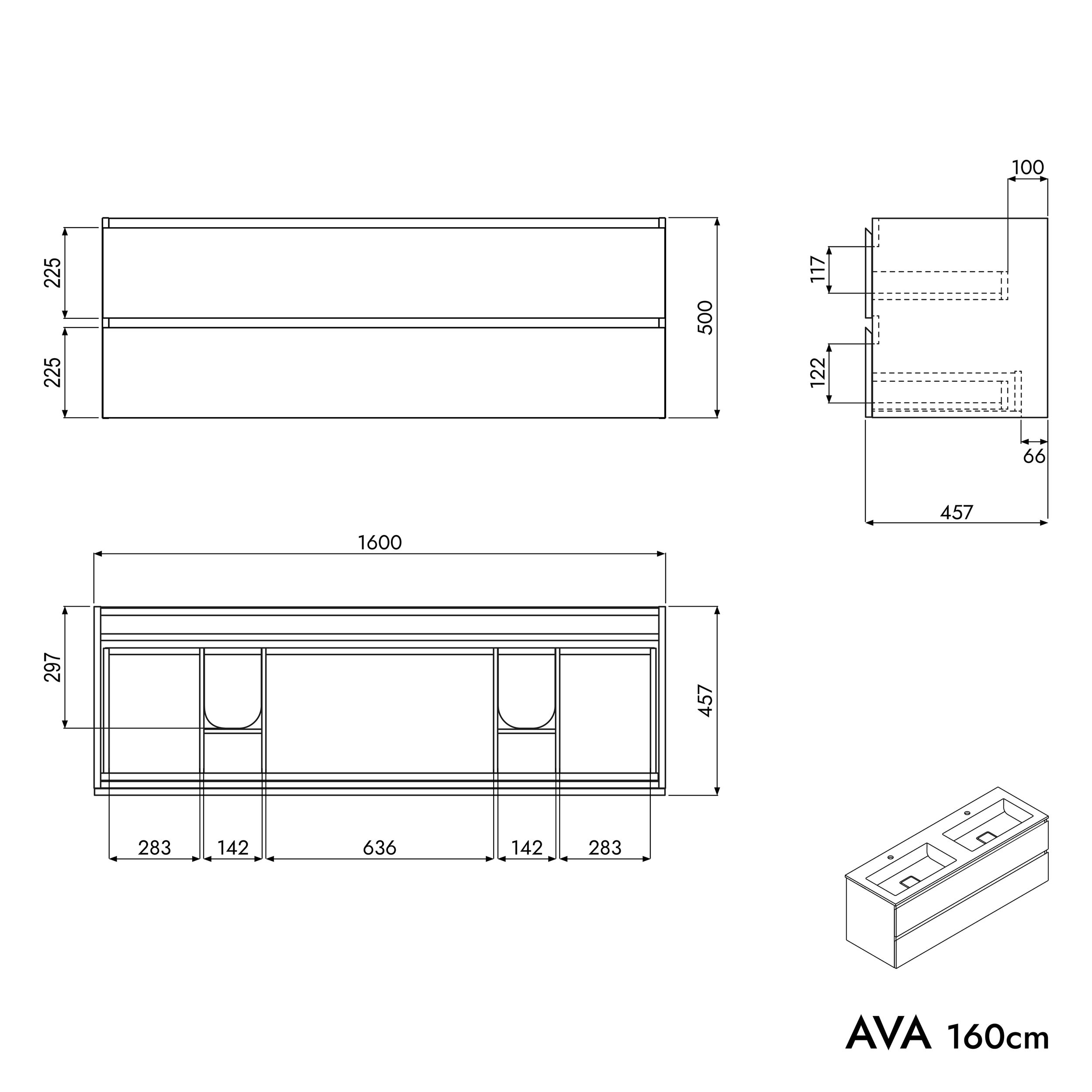 Koupelnová skříňka AVA 160 cm s umyvadlem z minerálního odlitku BRUXELLES - možnost volby barvy