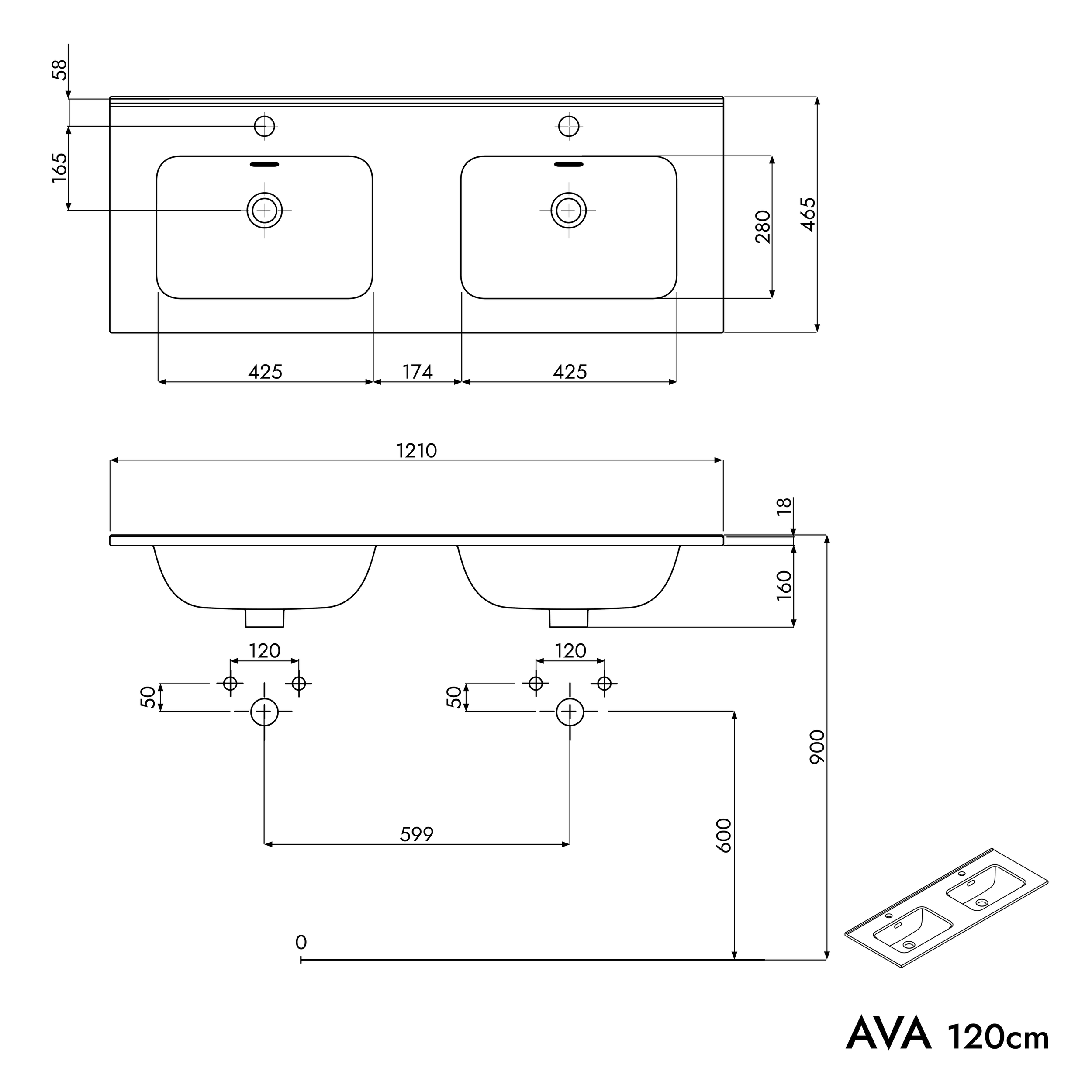 Koupelnová skříňka s dvojitým umyvadlem AVA 120 cm