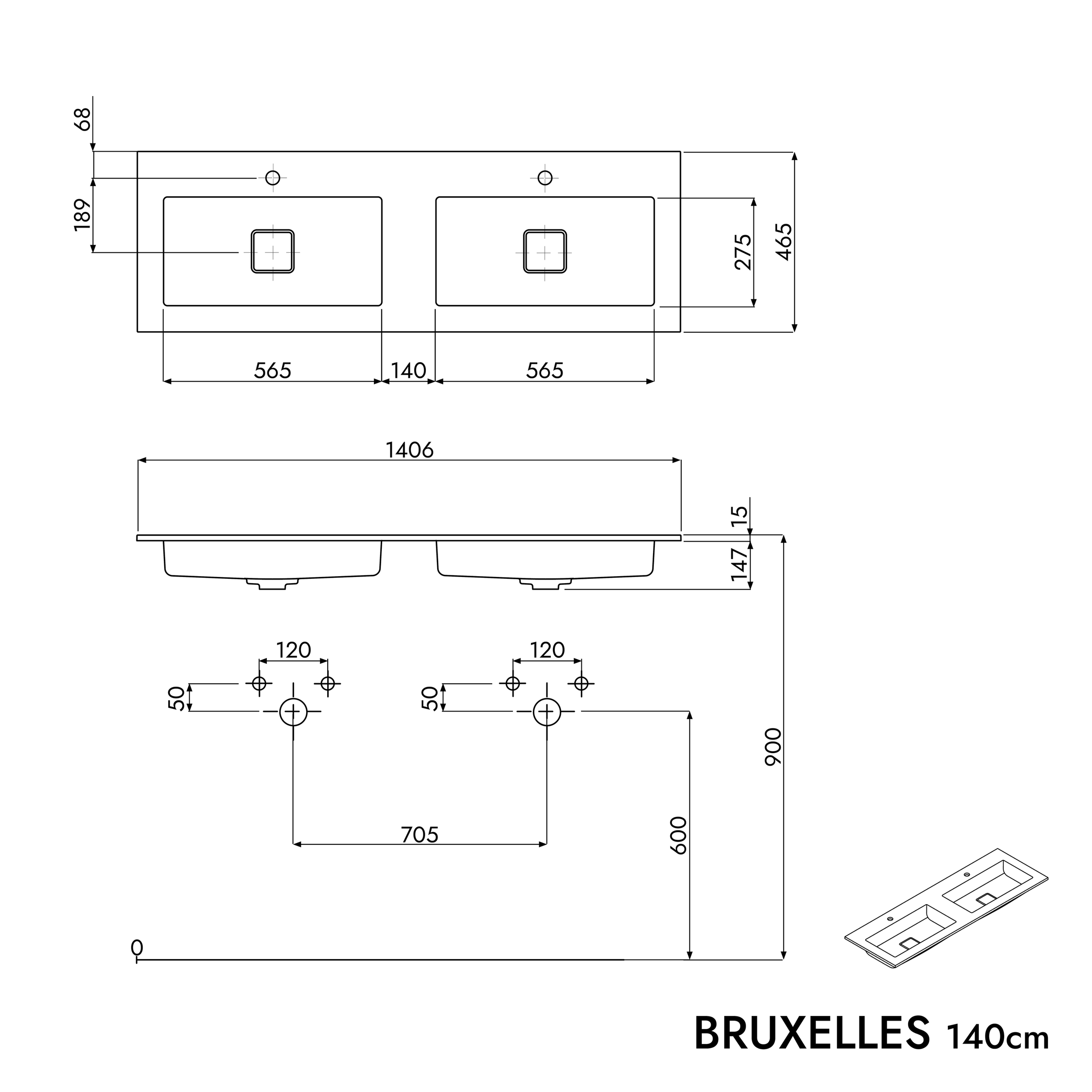 Koupelnová skříňka LAVOA 140 cm s umyvadlem z minerálního odlitku BRUXELLES - možnost volby barvy