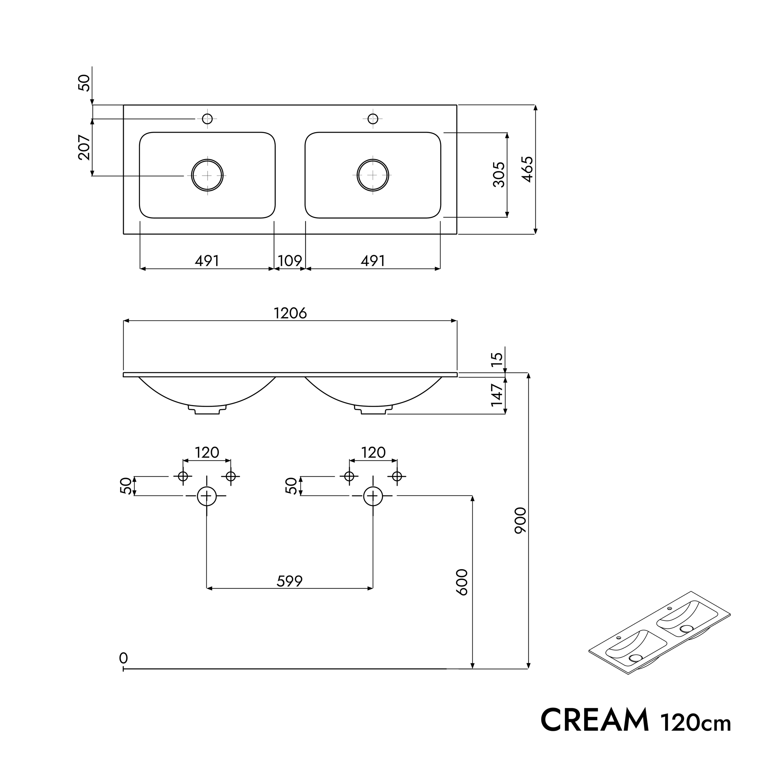 Koupelnová skříňka VIREO 120 cm s dvojumyvadlem z minerálního odlitku CREAM 