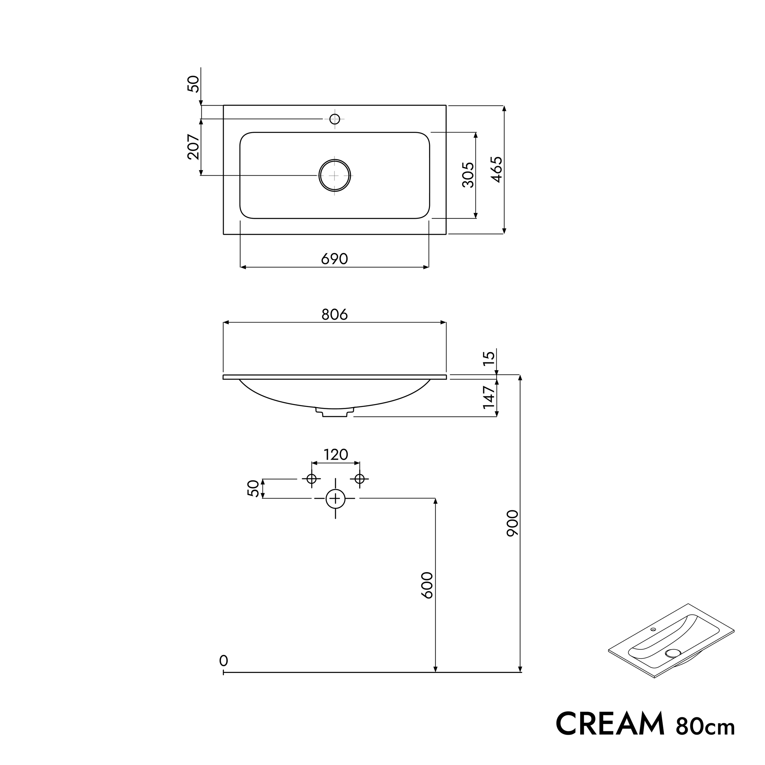 Koupelnová skříňka LAVOA 80 cm s umyvadlem z minerálního odlitku CREAM 