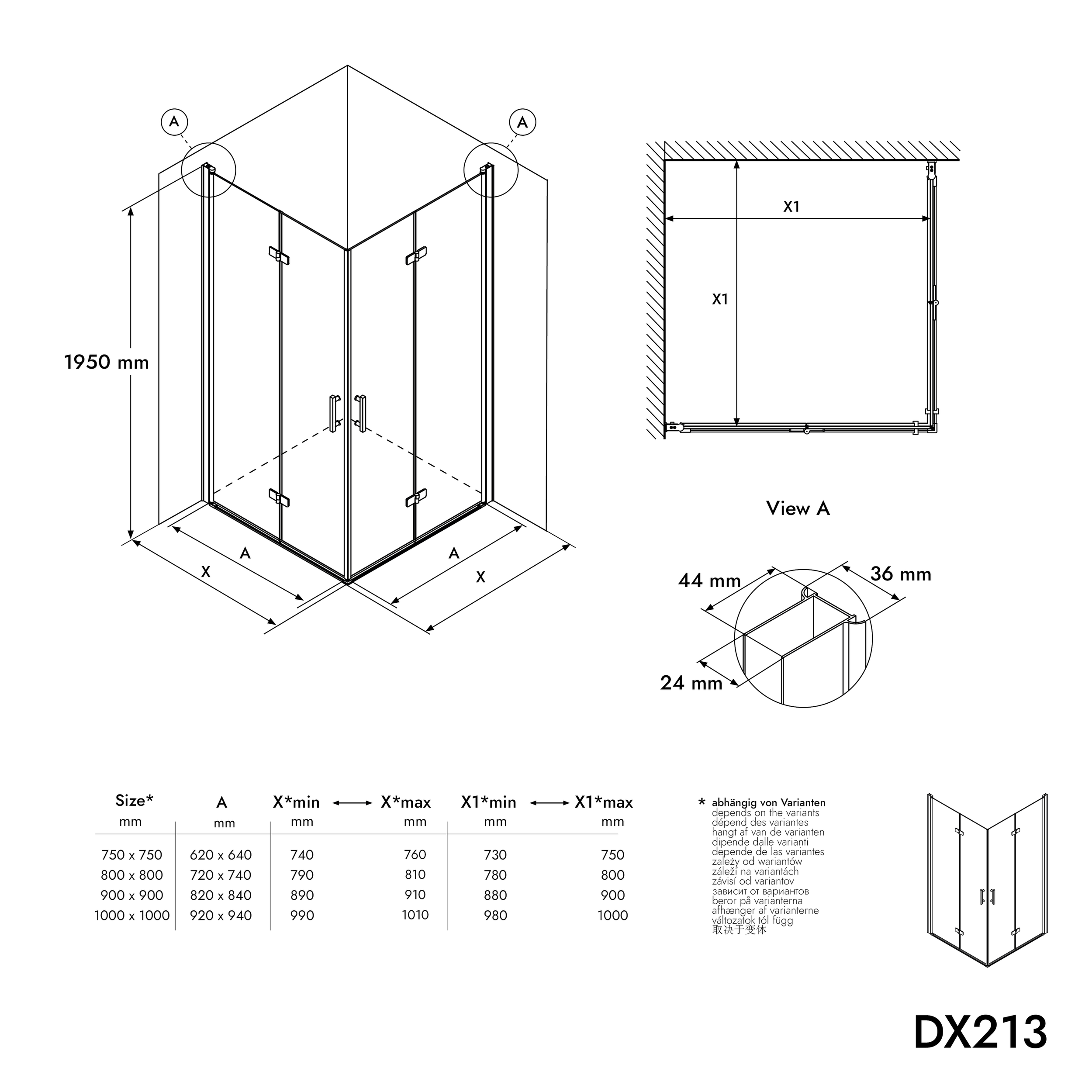 Rohový sprchový kout se skládacími dveřmi DX213 - 8mm čiré nano sklo - různé šířky
