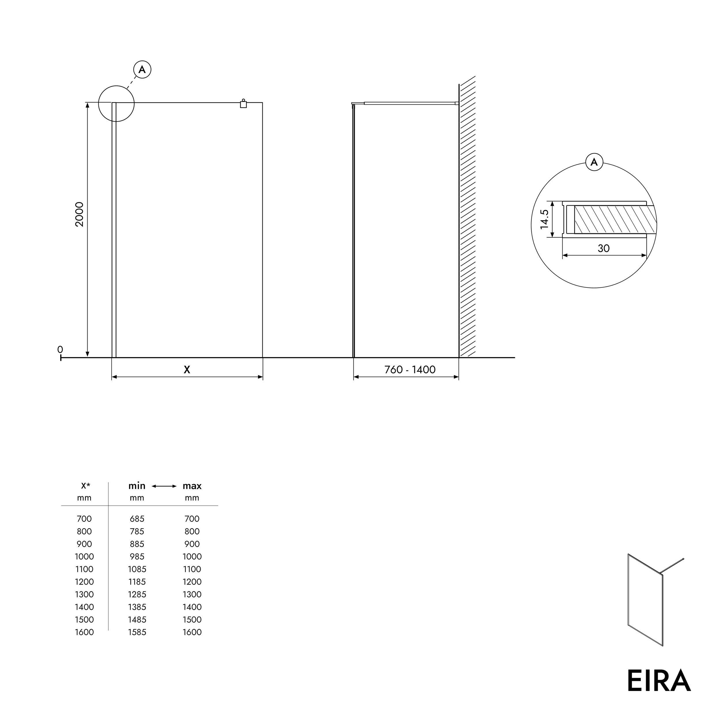 Walk-In Dusche EIRA - Grauglas 8 mm und 10 mm
