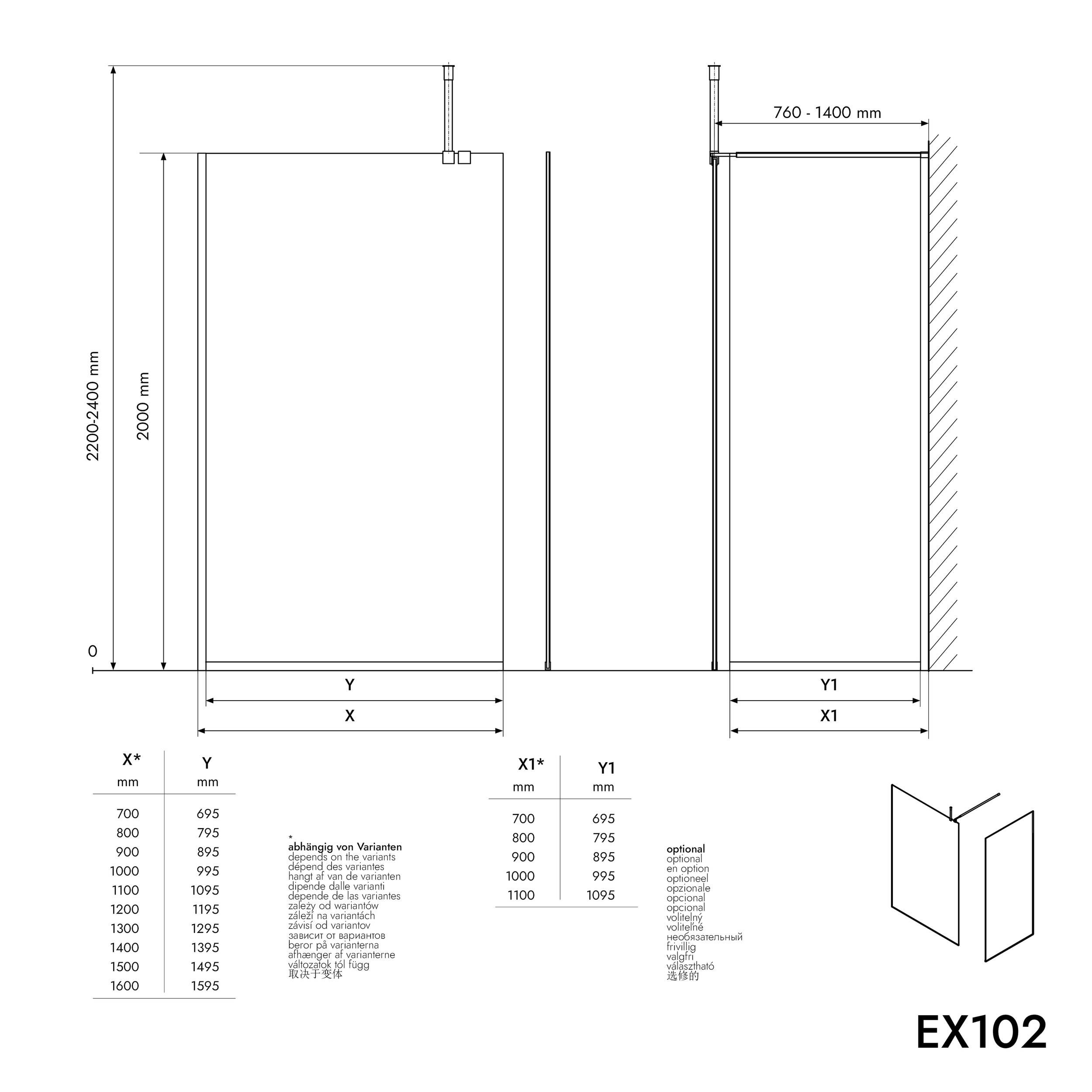 Sprchová zástěna Walk-In EX102 - 10 mm nano čiré sklo - 2 stěny - profil chrom - různé šířky