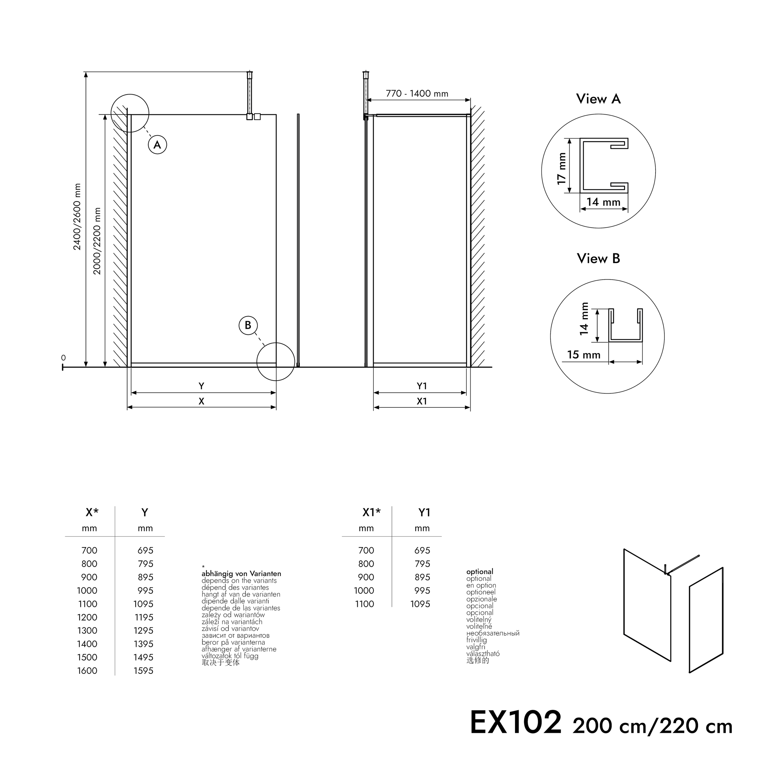 Sprchová zástěna Walk-In EX102 - 10mm čiré sklo - Nano ochrana - profil černý mat - různé šířky