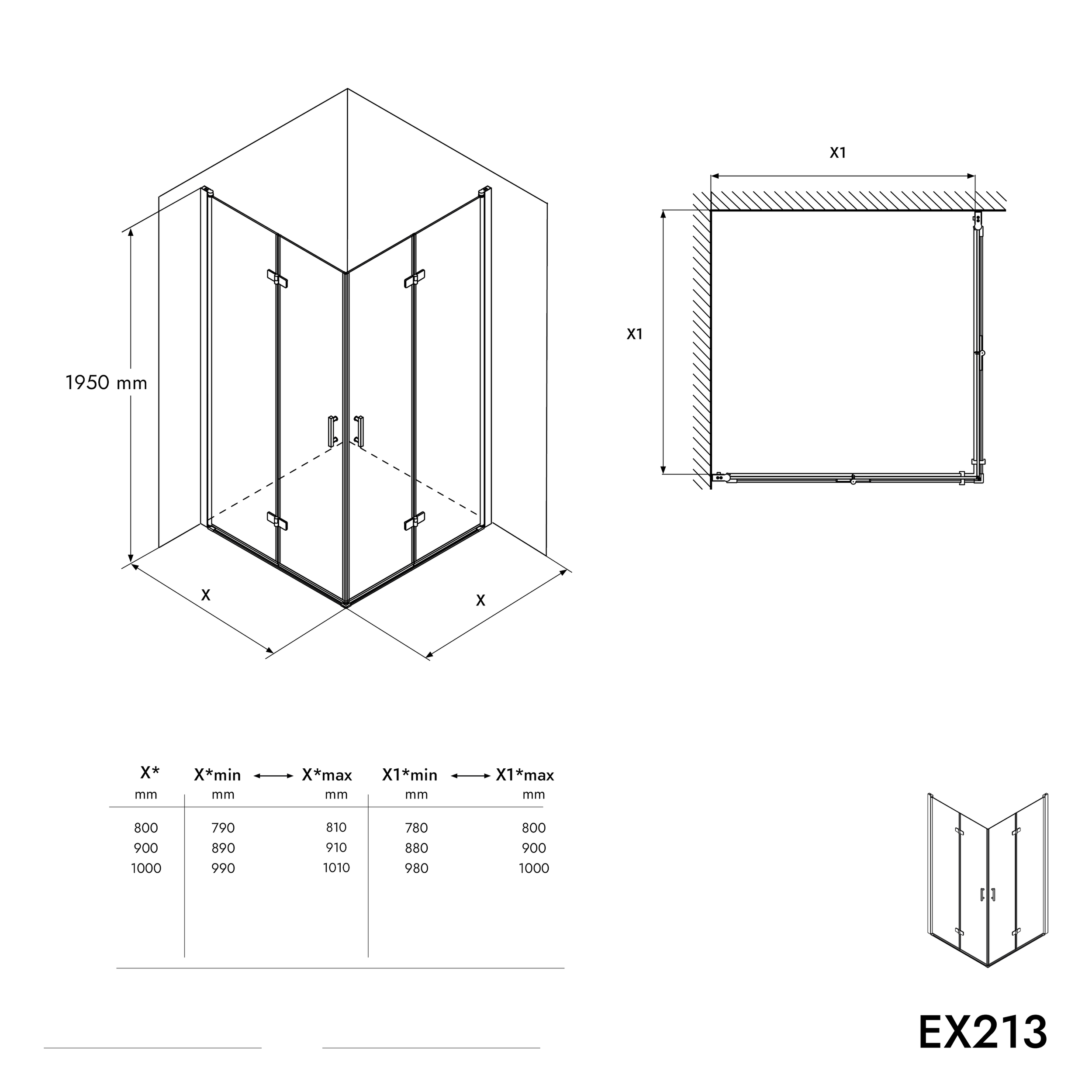 Sprchový kout EX213 - skládací dveře - sklo 8 mm nano - 100x100x195 cm 