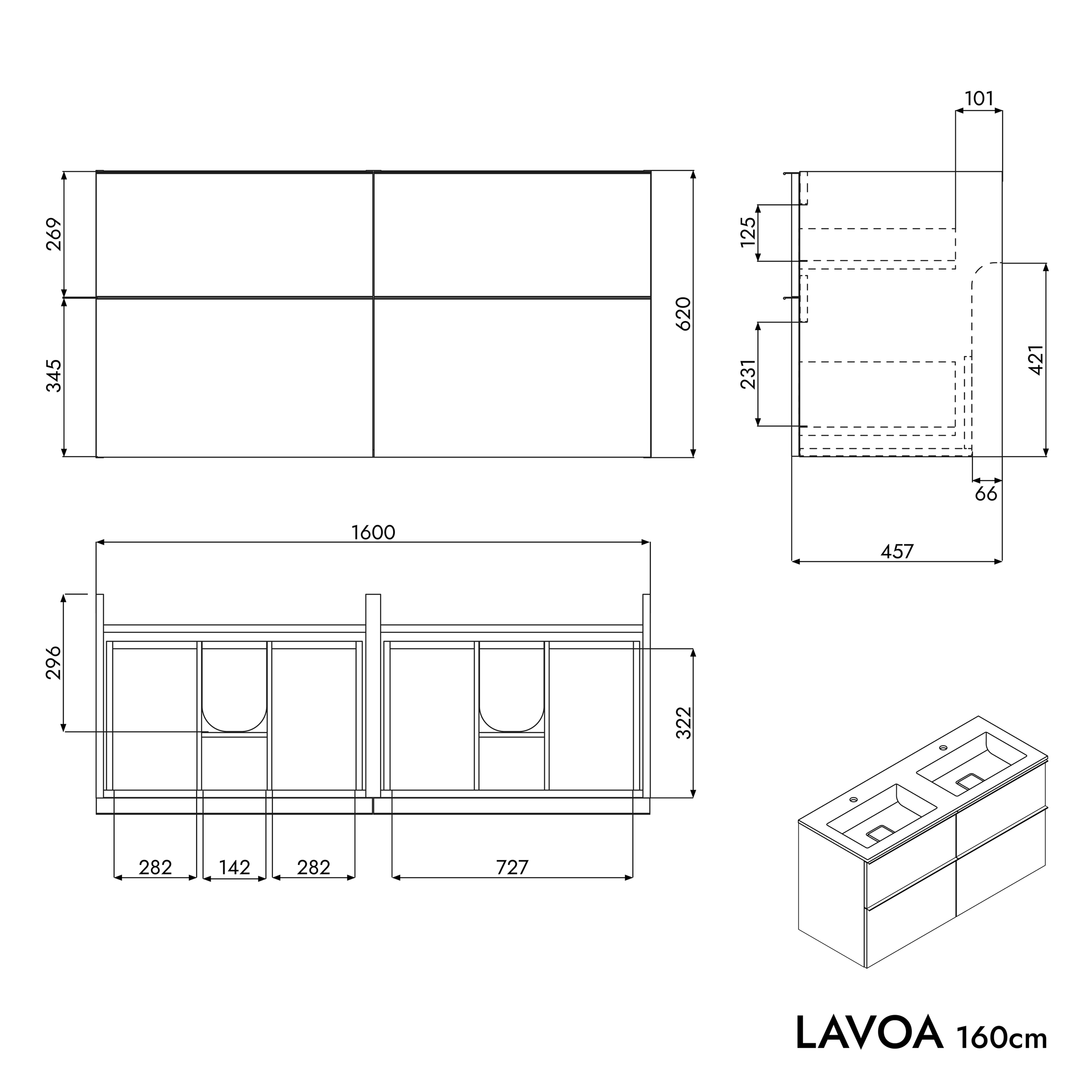 Koupelnová skříňka LAVOA 160 cm s umyvadlem z minerálního odlitku BRUXELLES - možnost volby barvy