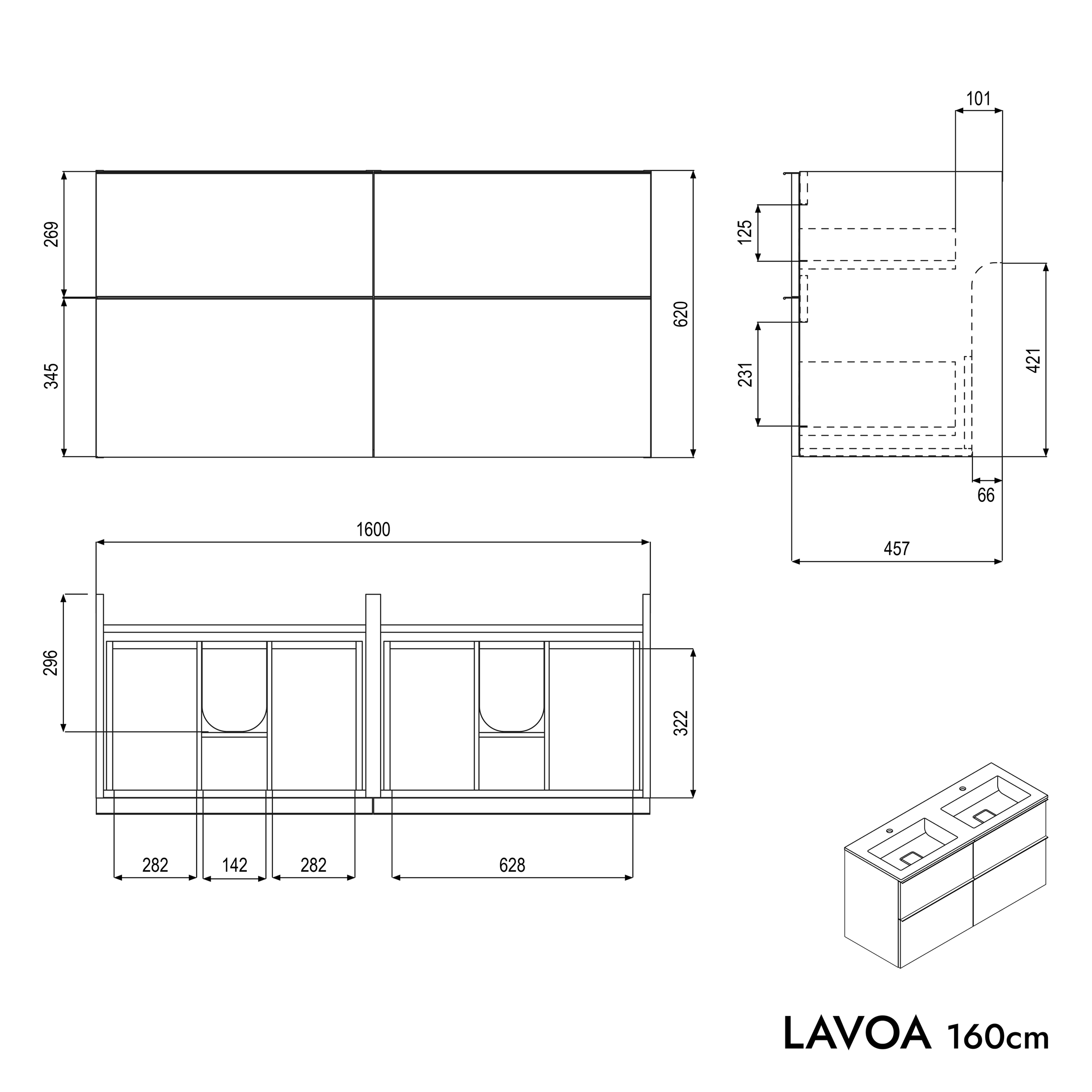 Koupelnová skříňka LAVOA 160 cm s umyvadlem z minerálního odlitku BRUXELLES - možnost volby barvy