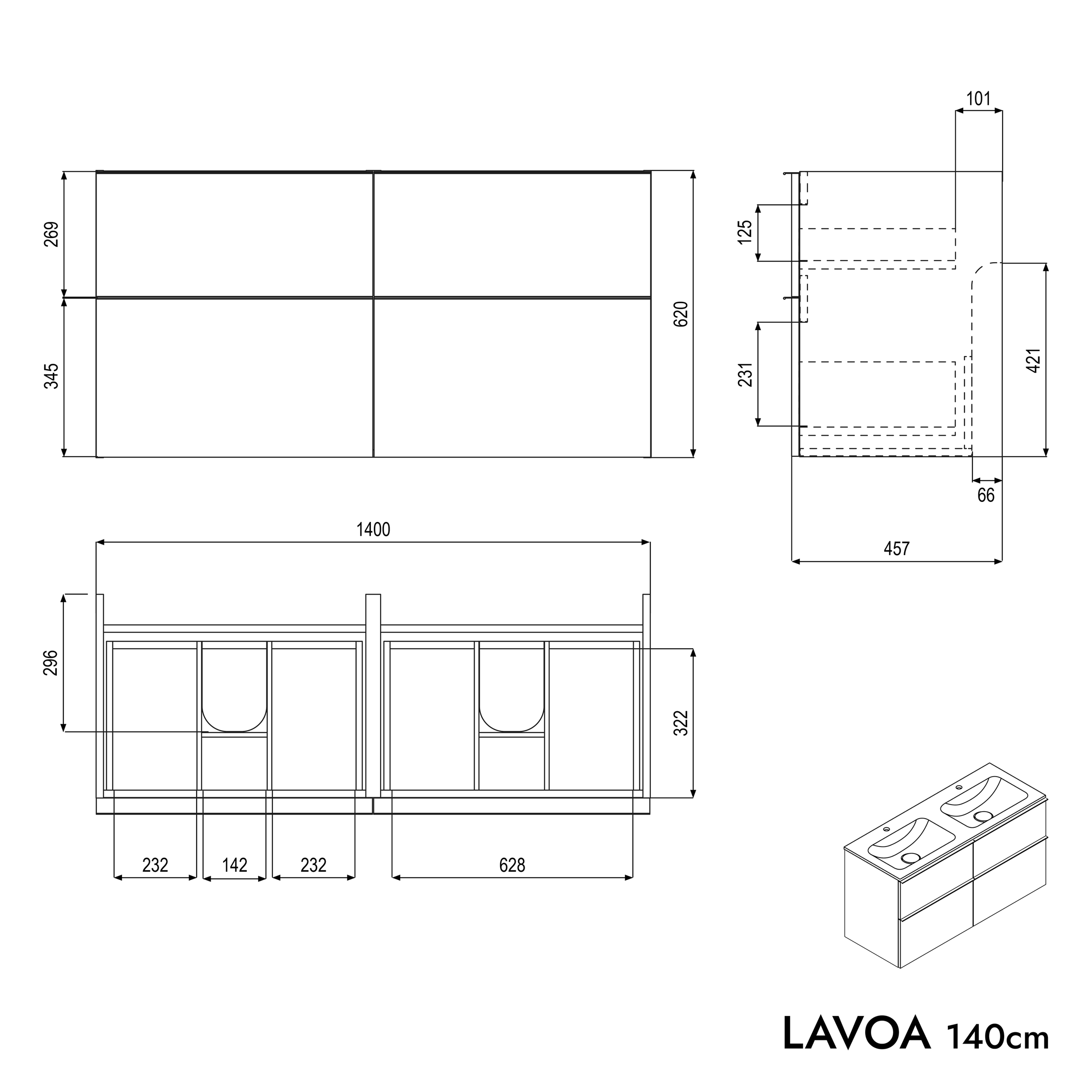 Koupelnová skříňka LAVOA 140 cm s umyvadlem z minerálního odlitku CREAM - možnost volby barvy