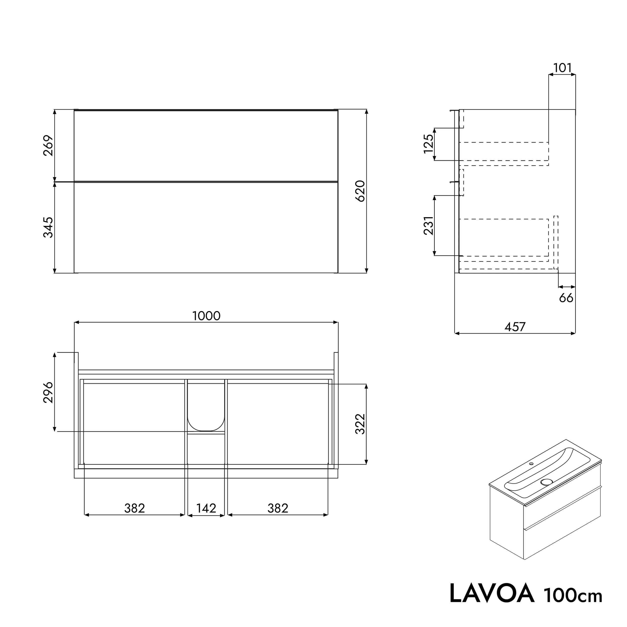 Koupelnová skříňka LAVOA 100 cm s umyvadlem z minerálního odlitku CREAM